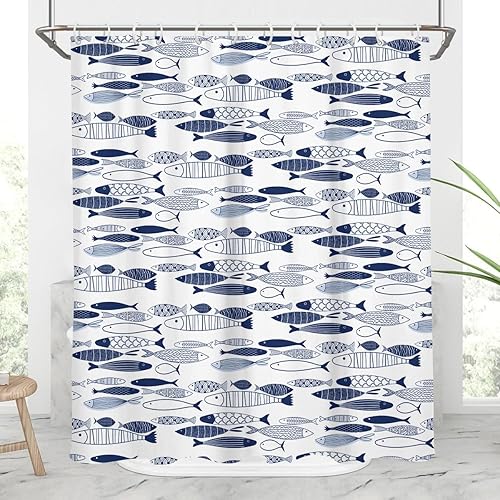 Miniatura 10 de AAtter Cortina de ducha náutica de playa, diseño de pesca para niños, adolescentes, azul marino, blanco, costero, tema playero, océano, mar, lago,