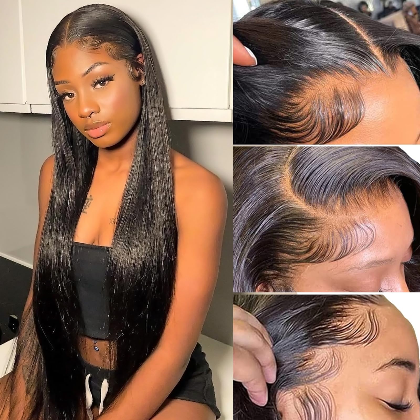 Upgraded Glueless Wigs 13x4 HD Pre Cut Lace Front Wigs Straight 200% Density Brazilian Virgin Human Hair Wigs for Black Women Pre Plucked Bleached Knots with Baby Hair Natural Color 24 inch