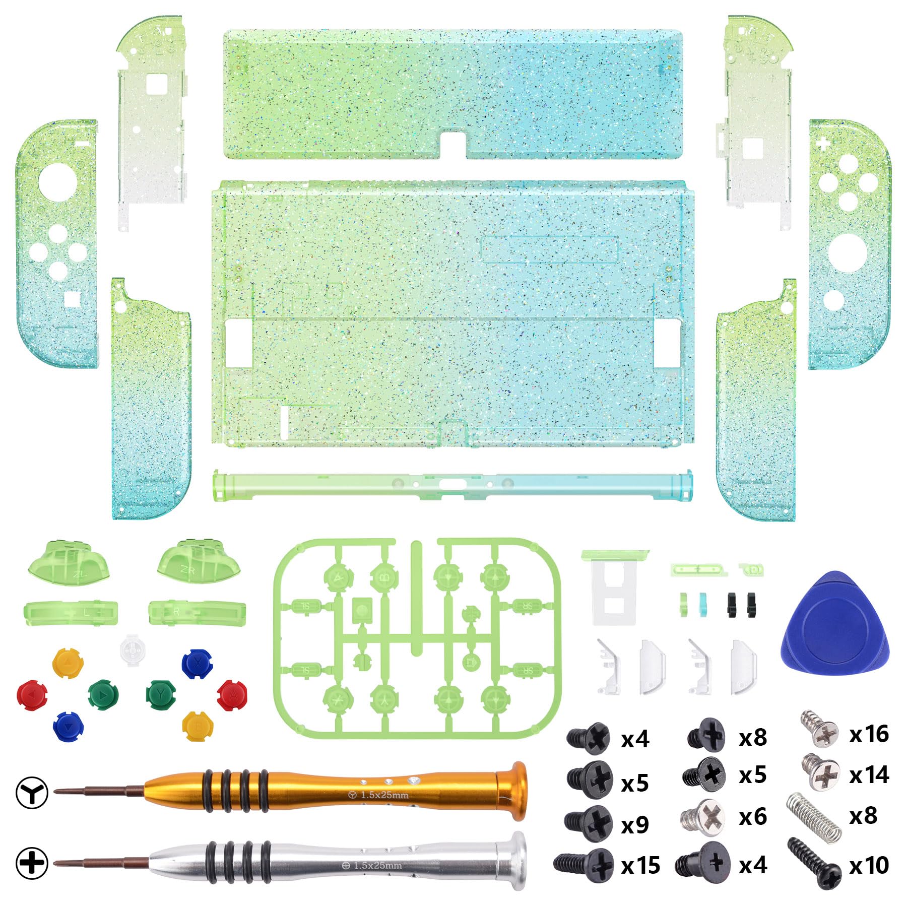 eXtremeRate Coque Complète de Remplacement avec Bouton pour Nintendo Switch OLED, Coque avec Bouton avec Support pour PC Personnalisé pour Nintendo Switch OLED, Transparent Bleu Vert