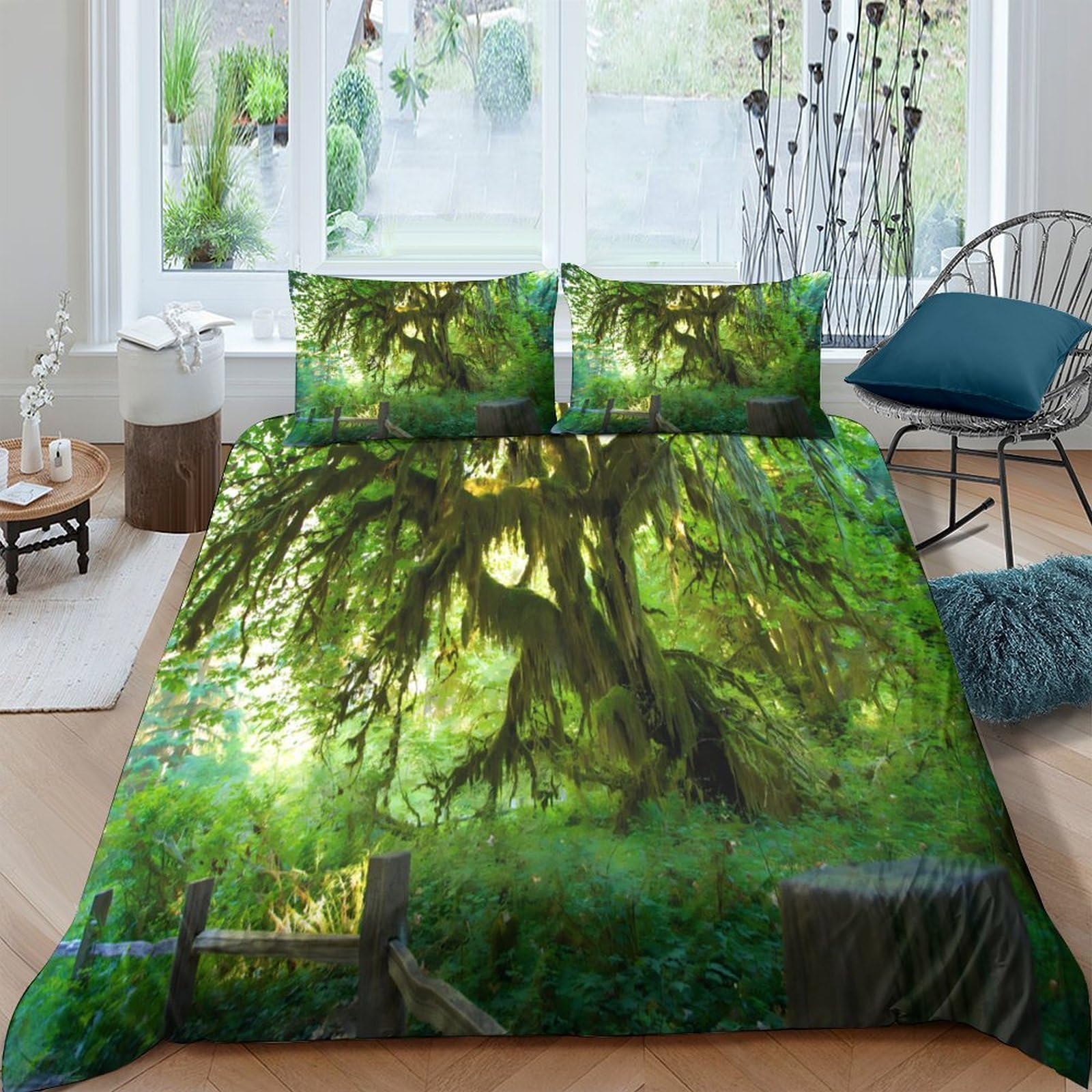 Ctjqhvkz Style-9 3D Printed Enchanted Forest Fitted Sheet Microfiber Deep Green Nature Mattress Cover Bedroom Decor Single（135X200cm）