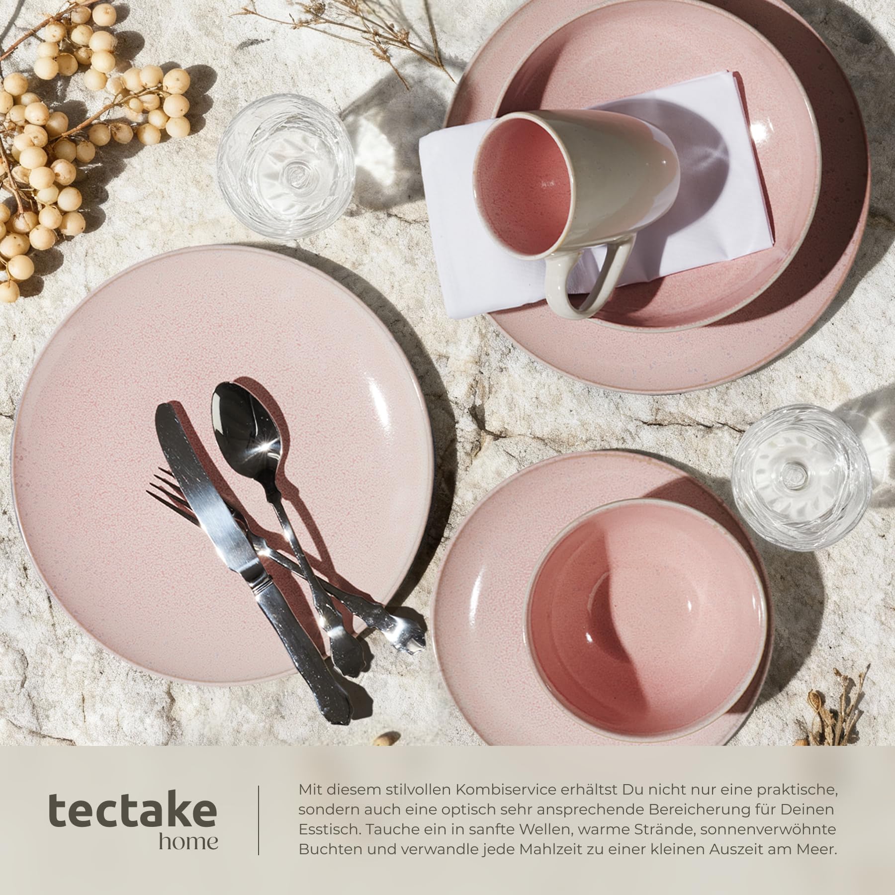 tectake® 30tlg. Kombiservice 6 Personen, Steingut Geschirrset 6 Personen, handgefertigtes Teller Set mit Schüsseln und Tassen, Geschirr Set spülmaschinen- und mikrowellengeeignet - Coral Blush