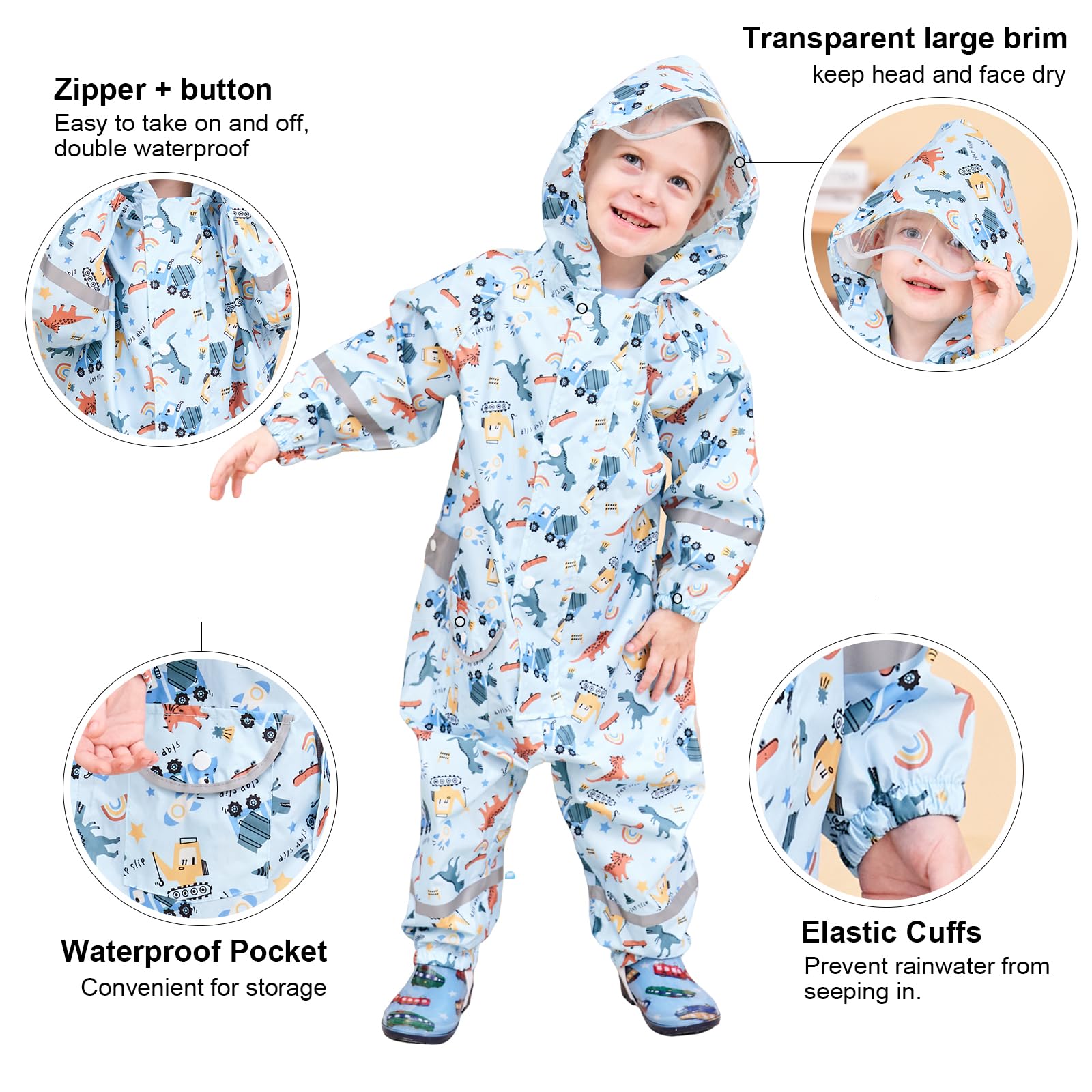 Traje de Lluvia Niños Niñas Chubasquero de Una Pieza Niños Mono Impermeable Transpirable Poncho de Lluvia Ligero Traje de Barro Cremallera Ropa de Lluvia 1-10 Años