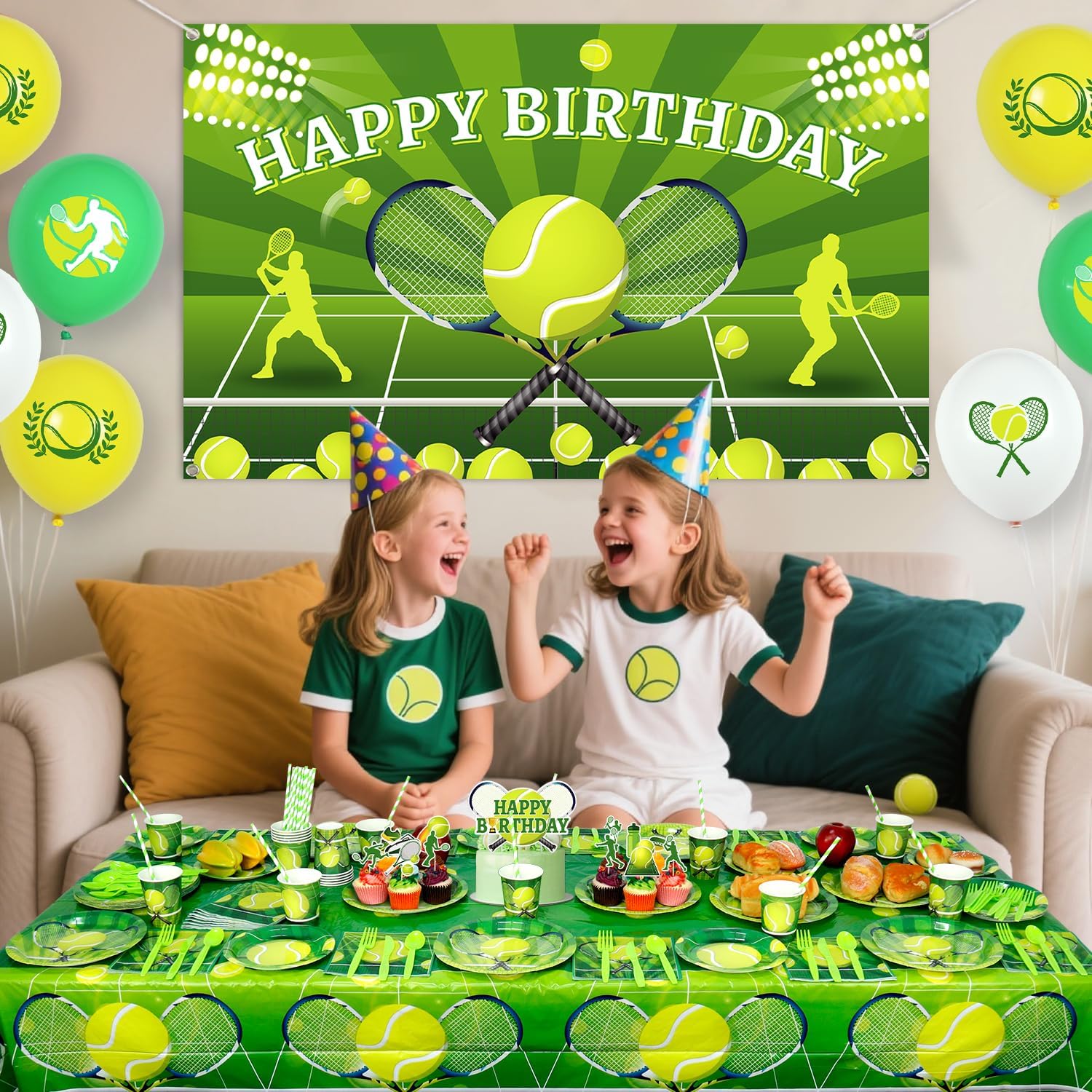 Tennis Birthday Party Decorations - Tennis Party Supplies including Backdrop, Plate, Cake Topper, Cup, Napkin, Balloon, Tablecloth - Serves 20