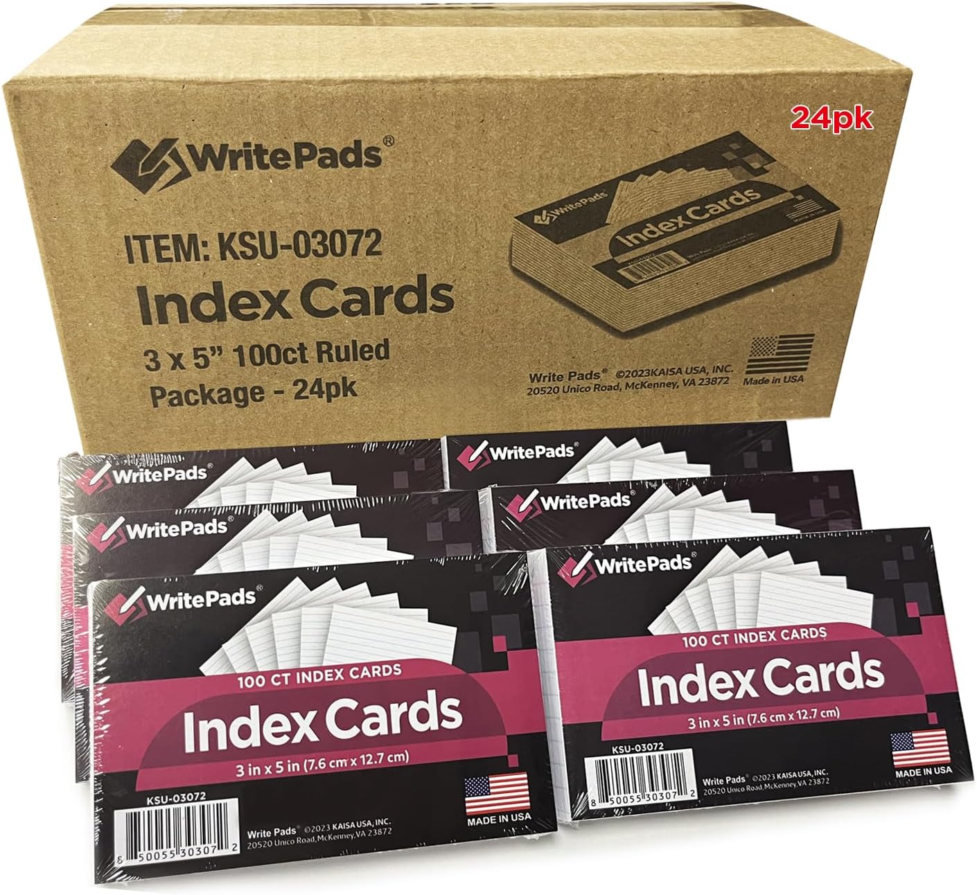 KAISA Lined Index Card 3"x5" Index Cards Flashcards, 2400 Count Ruled on Front, Blank on Back Index Cards, White 24 pack of 100 Shrink, Made in the USA