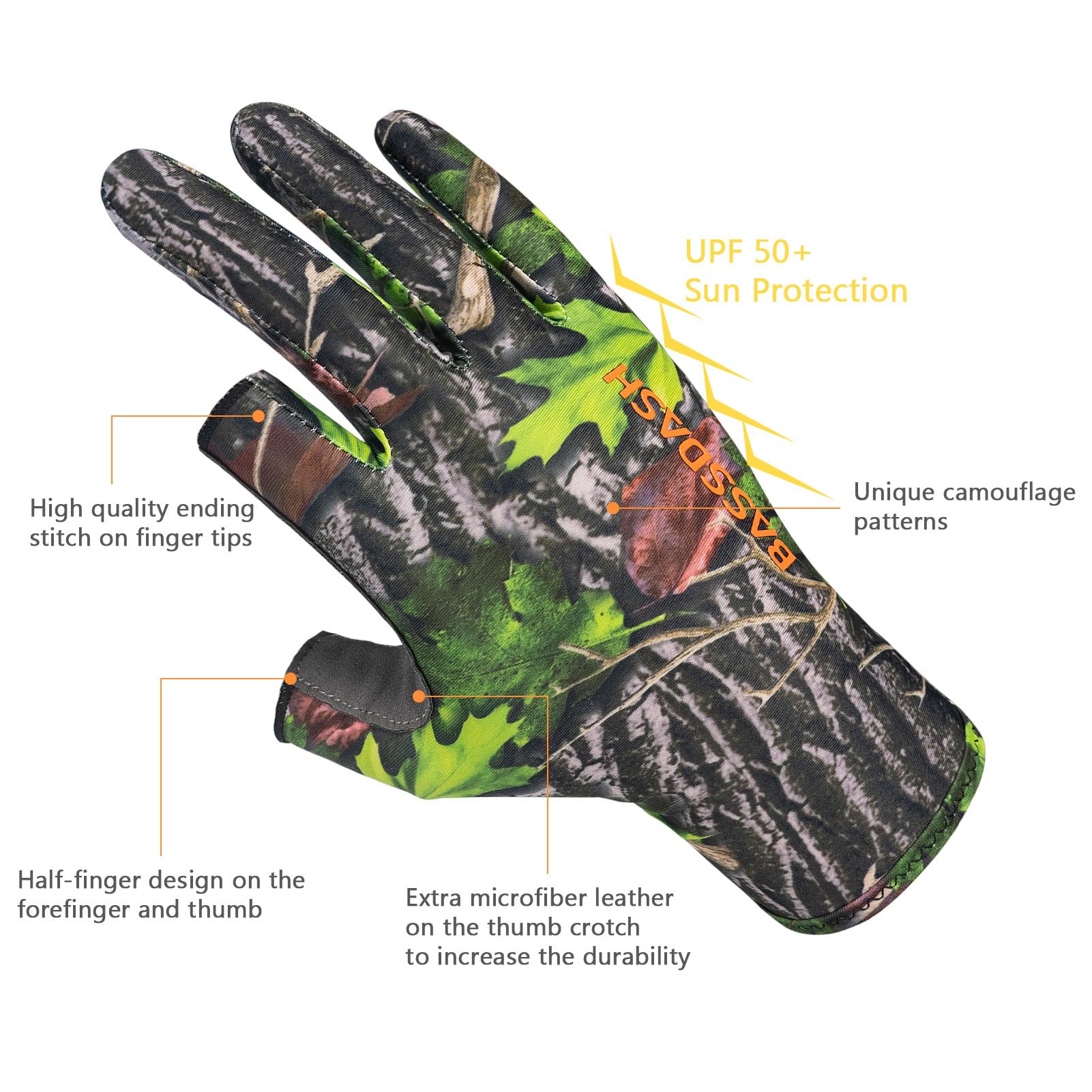 BASSDASH Guantes unisex de caza de camuflaje sin dedos para hombres y mujeres, para clima cálido UPF 50+, ligeros fotografía de pesca HG03