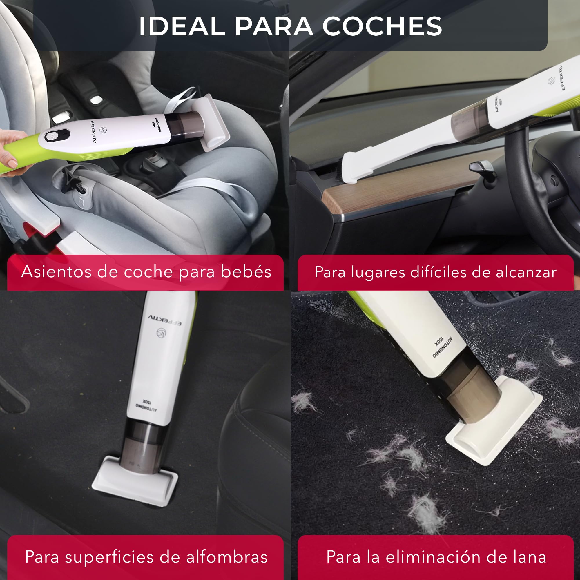 EFFEKTIV - Aspiradora de Mano 150X | Aspiradora Sin Cable Portátil con USB para Coche y Hogar | Motor Japonés sin Escobillas UltraPotente | Filtro HEPA | 35 Min Autonomía | 2600Mah | 15000Pa Succión