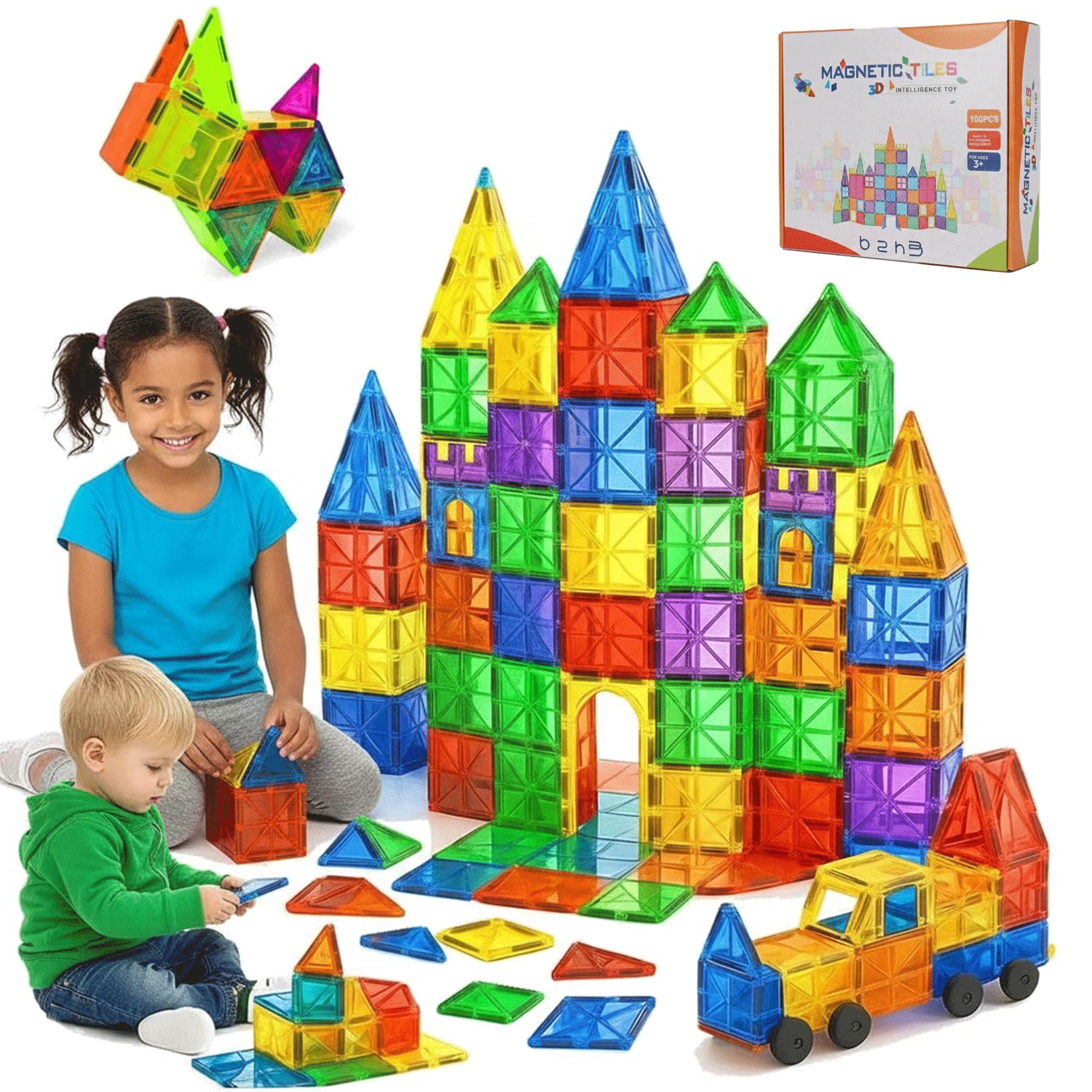 Magnetic Tiles Set 100PCS with 2 Car, Strong Magnetic Tiles for kids Ages 3-8