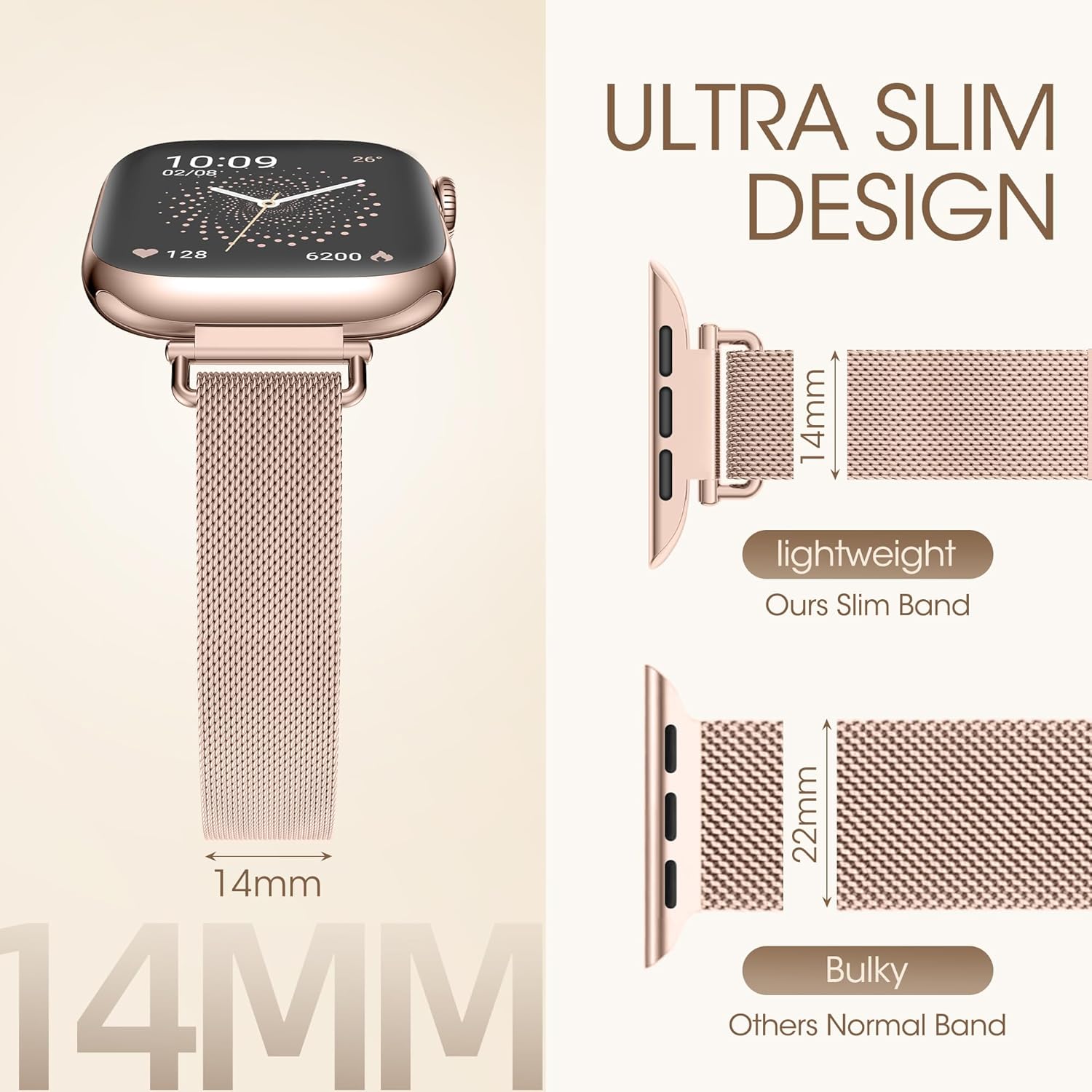 Ultra-Slim Milanese Loop Compatible with Apple Watch Band for Women 42mm 41mm 40mm 38mm 46mm 45mm 44mm, 14MM Width Metal Mesh Strap with Strong Magnetic Lock, Lightweight Breathable Replacement Band for iWatch Series SE 11 10 9 8 7 6 5 4 3 2 1