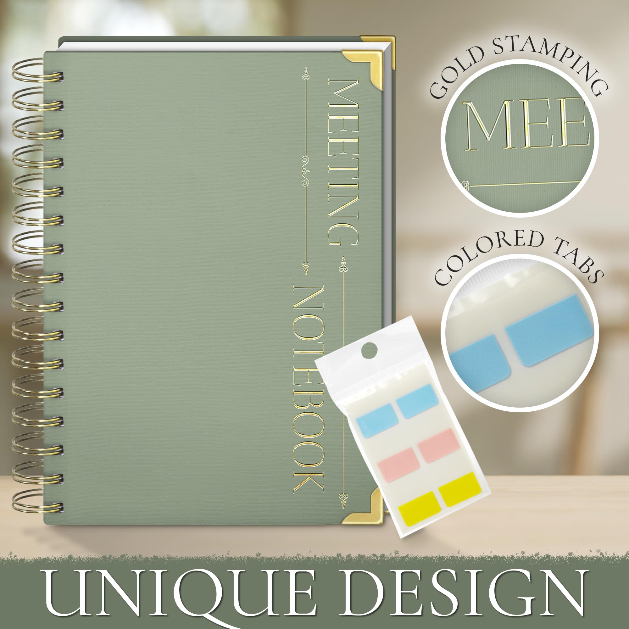 Quaderno per riunioni, include due evidenziatori, giallo, verde per prendere appunti più facili, quaderno per riunioni, include anche linguette adesive, blocco note per lavoro, + 100 pagine [formato