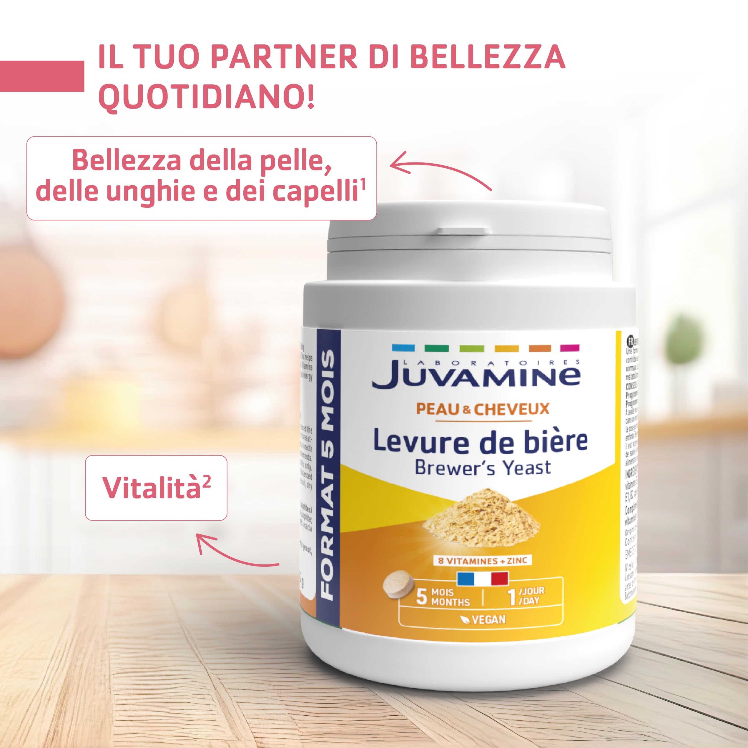 JUVAMINE Lievito di birra, bellezza della pelle, dei capelli e delle unghie, vitalità, vitamine B1, B2, B3, B5, B6, B8, B9 e B12 + zinco, programma di 5 mesi, prodotto in Francia