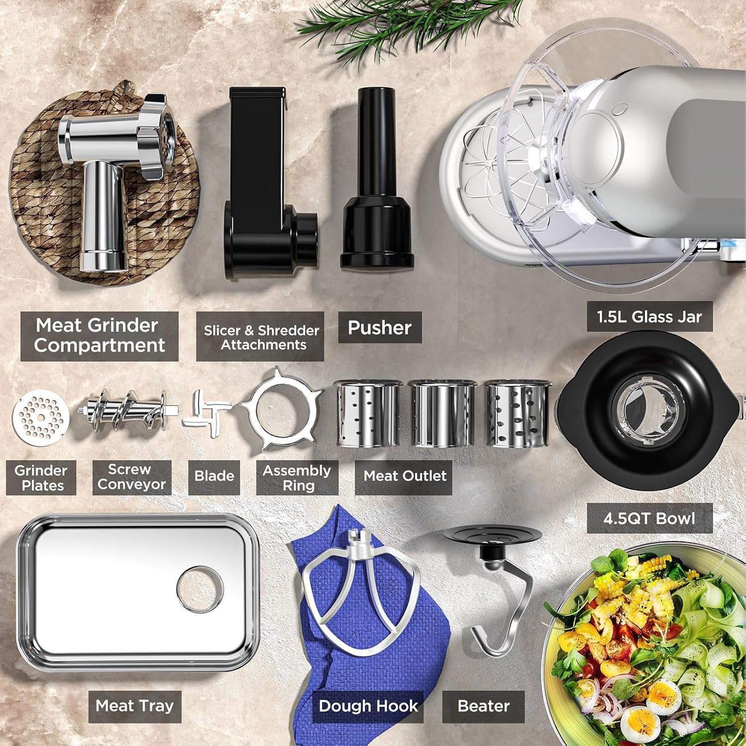 5.5L Stand Mixer, Kitchen Machine, Easy-Switch Attachments+Mixing Functions, with Bowl, 6 Speed Control, with Dough Hook+ Whisk+ Mixing Beater, for Baking/Cake/Cookie/Kneading,A