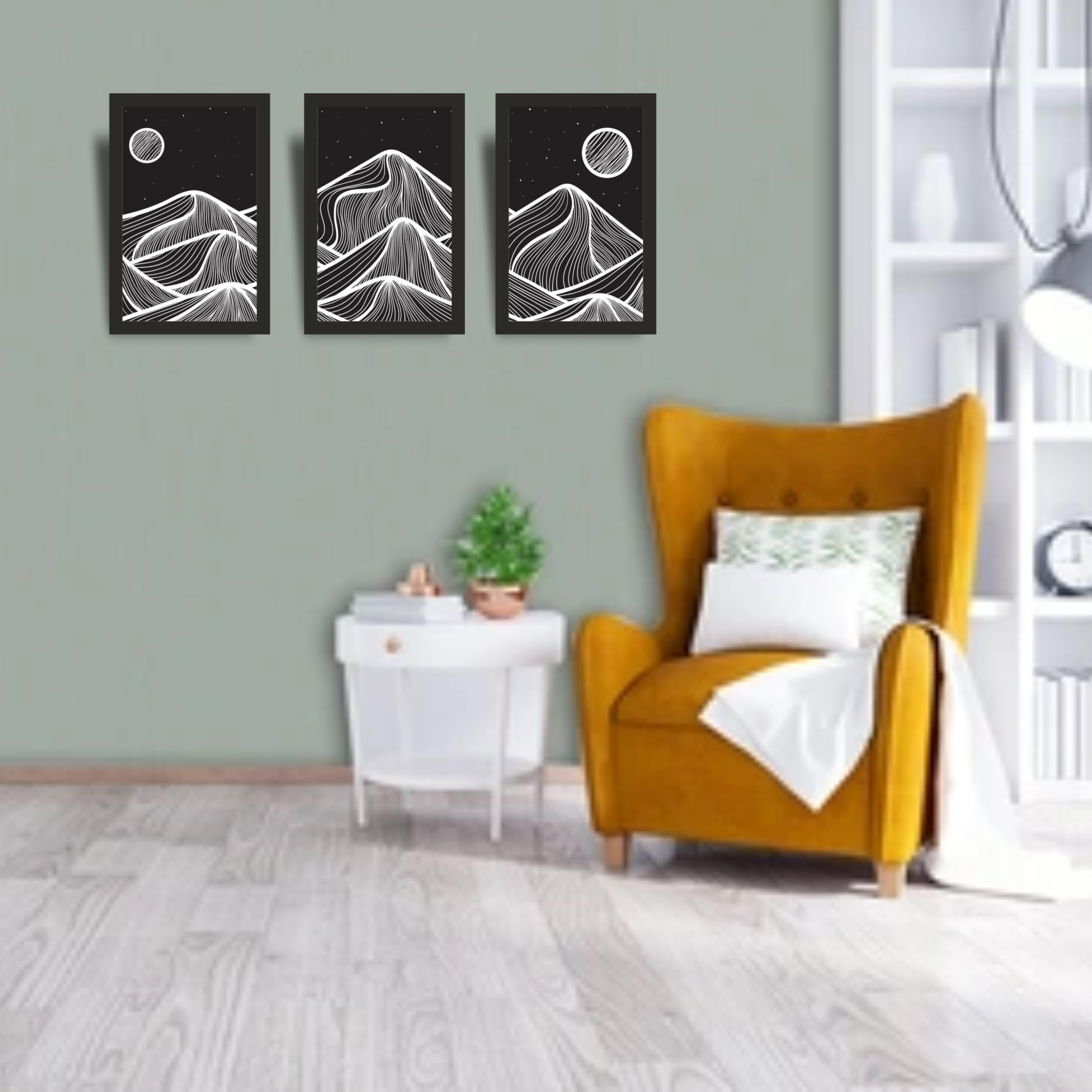 Abstract Night Mountain Line Art Wall Art Set of 3 Frames