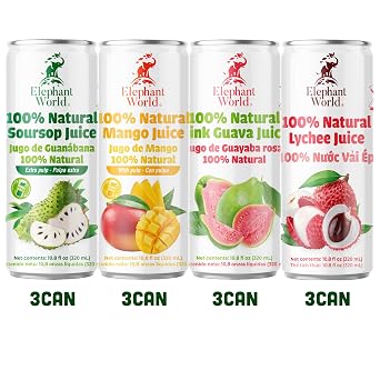 ELEPHANT WORLD 100% Natural Juices | Assorted Superfruits | Soursop-Mango-Guava-Lychee | NO Sugar added | NOT From Concentrate | NON GMO | 12 Pack, 320 ML Each