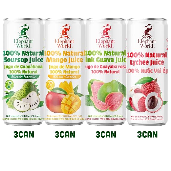 ELEPHANT WORLD 100% Natural Juices | Assorted Superfruits | Soursop-Mango-Guava-Lychee | NO Sugar added | NOT From Concentrate | NON GMO | 12 Pack, 320 ML Each