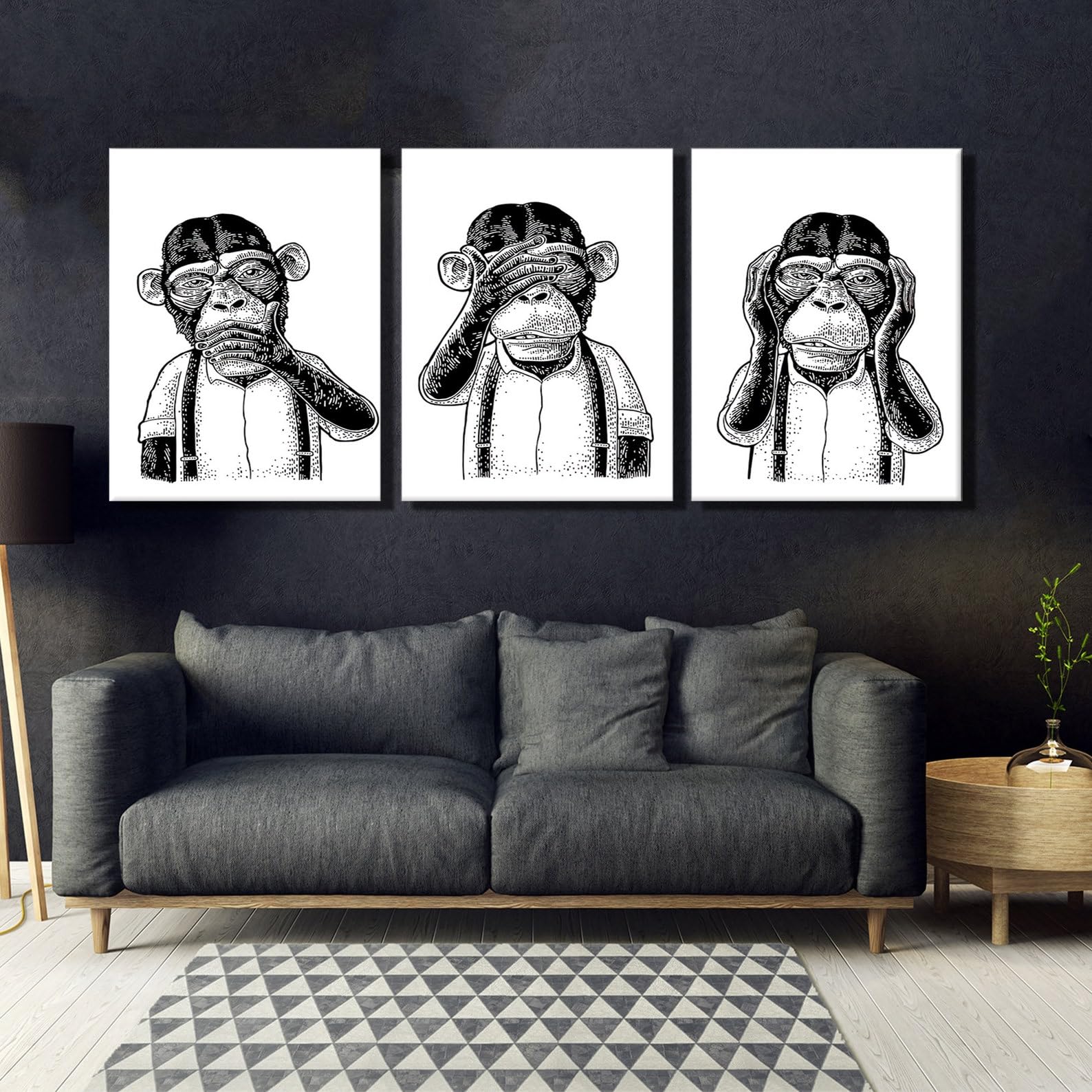 CAOXTART Three Wise Monkeys Pictures Canvas Print: Black and White Wall Art, Nordic Animals Painting Set of 3, Monkeys Posters(50x75cmx3/Frameless)