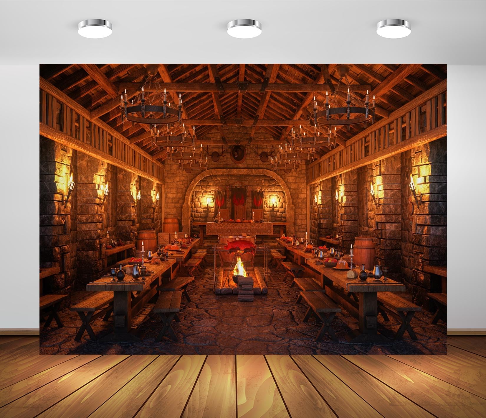 BELECO 8x6ft Fabric Medieval Castle Great Hall Backdrop Ancient Dining Room with Torches Royal Feast Background Medieval Theme Party Decorations