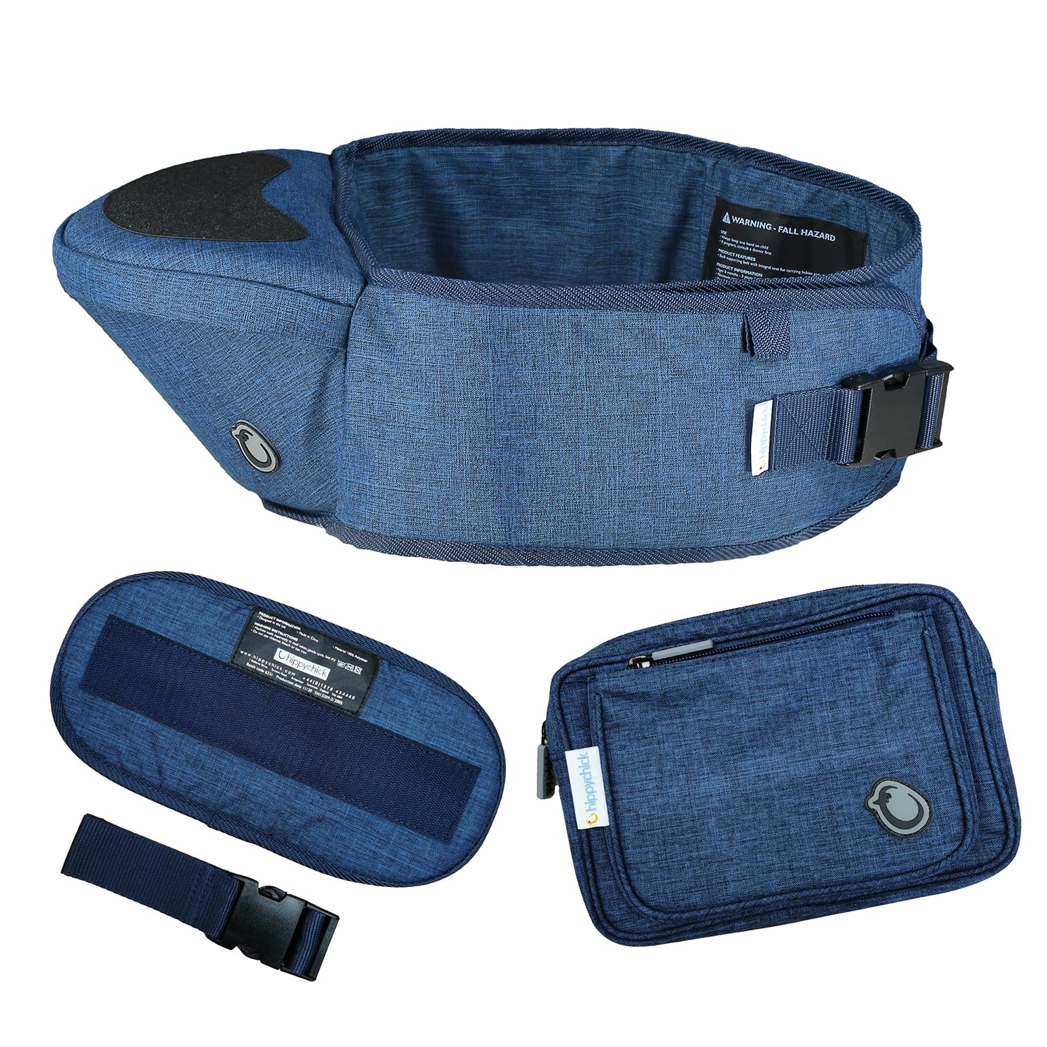 Hippychick Baby Hipseat Carrier for Ages 6-36 Months with Adjustable Strap - Lightweight Back-Saving Support Waist Stool Toddler Carrier - Denim Blue