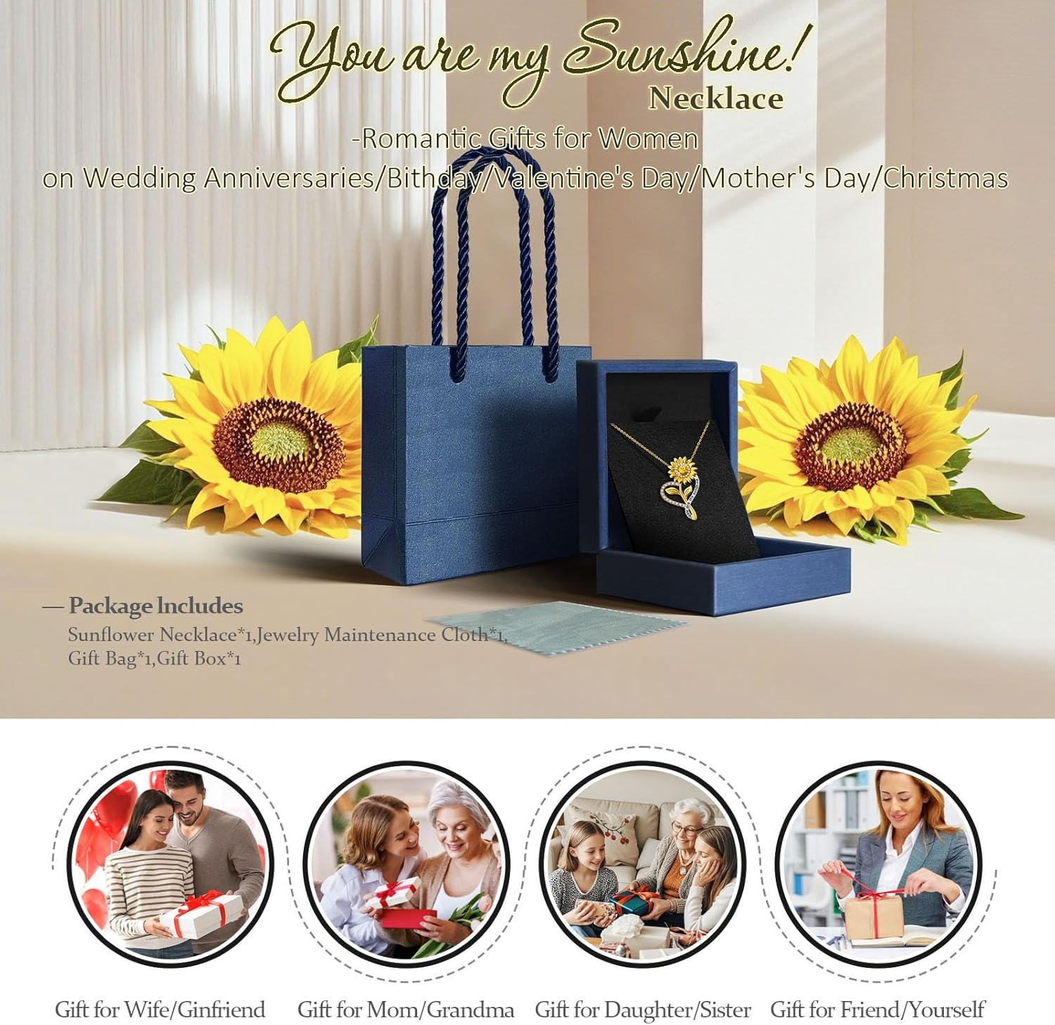 Sunflower Necklace Anniversary for Gifts Women, 18K Gold Plated You Are My Sunshine Pendant for Her, Birthday Gifts for Wife Girlfriend Mom Daughter - Image 6