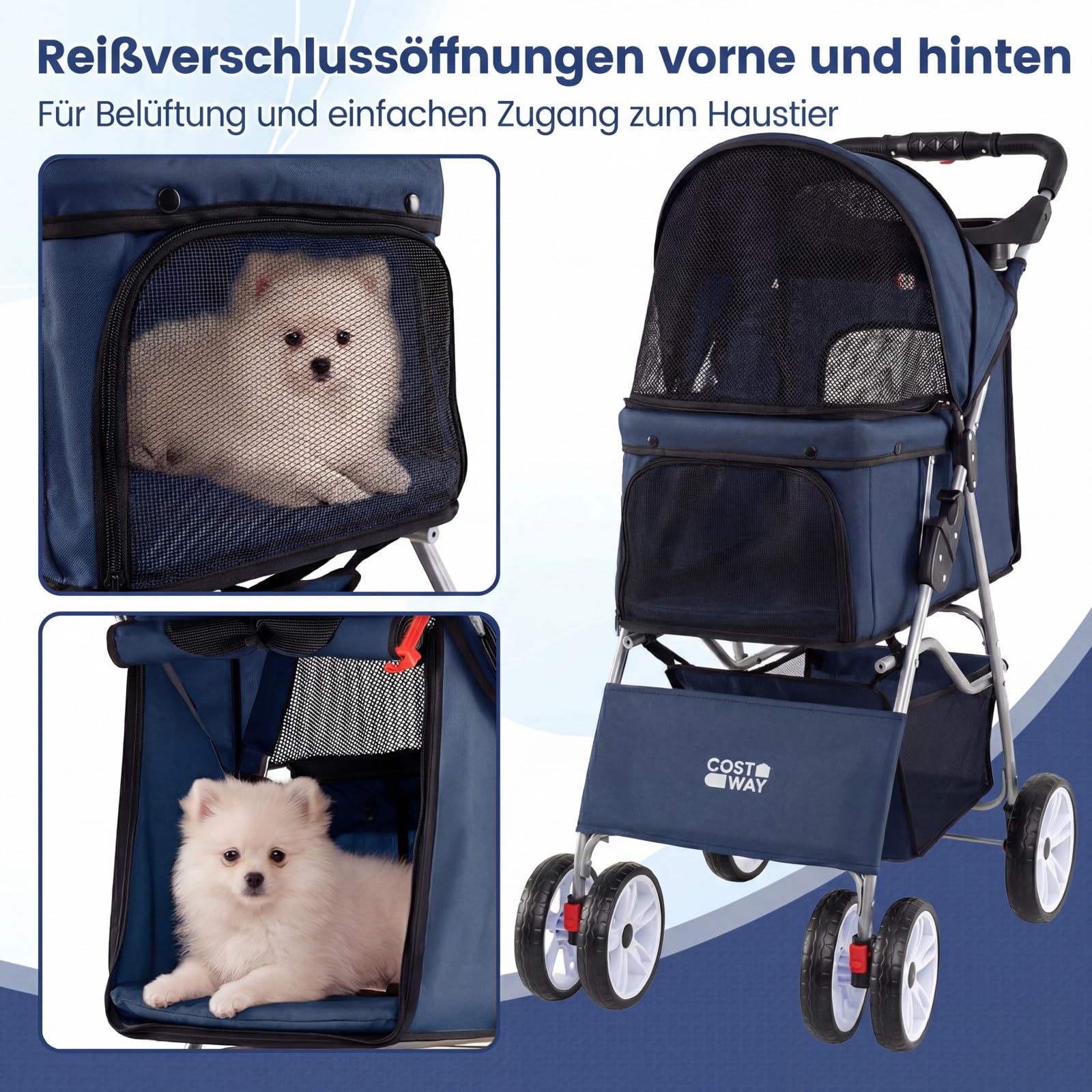 COSTWAY Hundewagen klappbar, Hundebuggy mit verstellbarem Vordach, Netzfenstern, Korb & Getränkehalter, Katzenwagen Haustierwagen, Haustierbuggy für Katzen Hunde bis 15 kg (Blau)