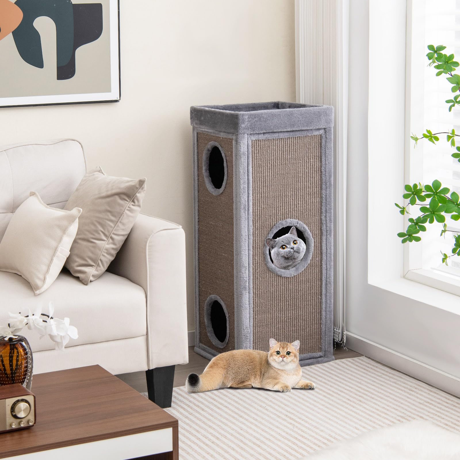 COSTWAY Maison pour Chat à 4 Étages, Tonneau Griffoir Chat, 3 Condos, 2 Planches à Griffer en Sisal, Plateformes, Tour pour Chaton, 4 Coussins Amovible, Peluche Douce, 40 × 40 × 99 cm