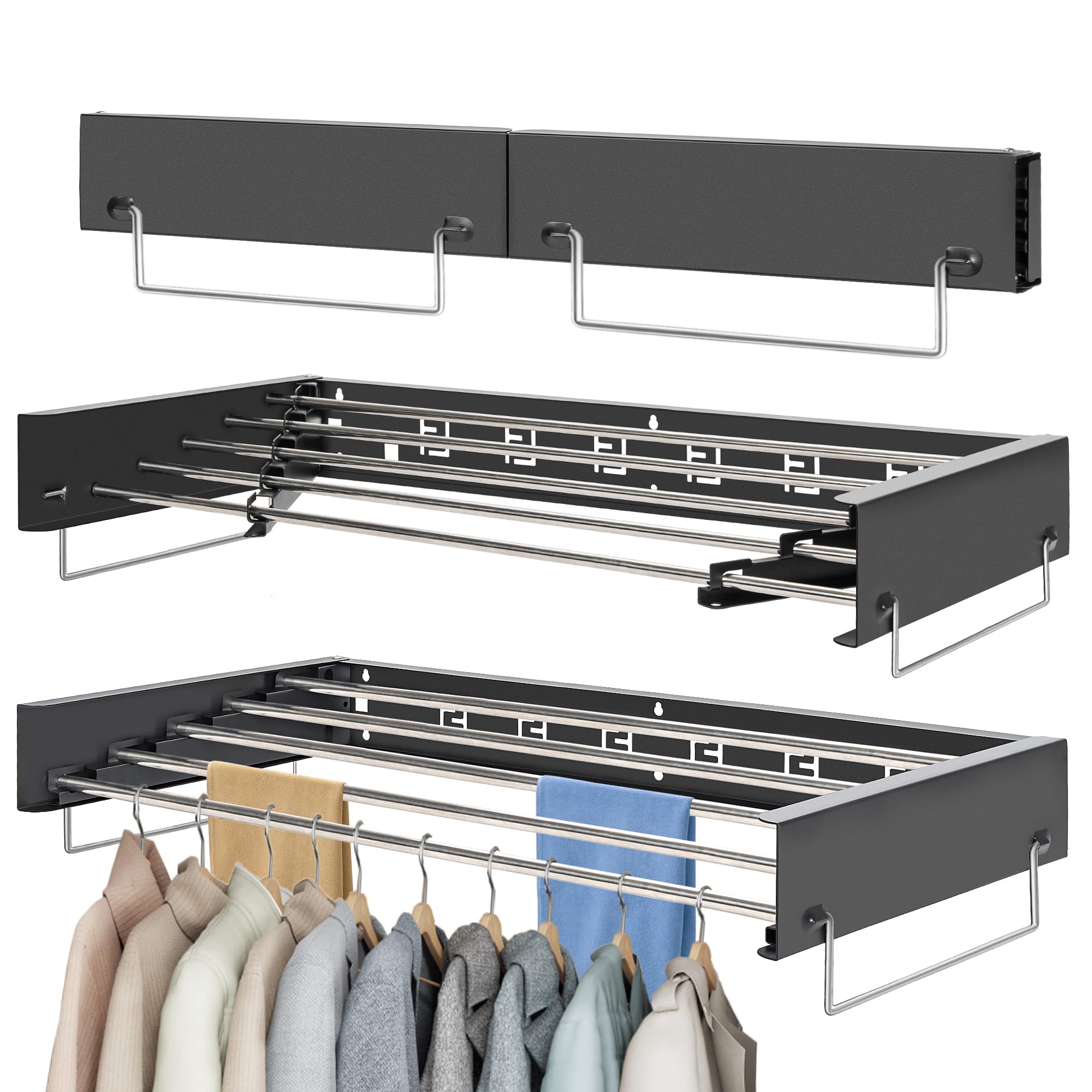 FREEAMG Wall-Mounted Retractable Clothes Airer - Foldable Drying Rack with 5x80cm Rods for Indoor & Outdoor Bathroom Use, Space Saving Laundry Dryer for Towels & Clothing (Black)