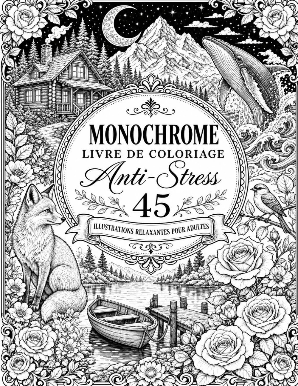 monochrome livre de coloriage pour adultes: 45 Scènes Relaxantes à Colorier en Une Seule Couleur — Paysages, Animaux, Fleurs et Maisons Cosy pour la Détente et la Créativité