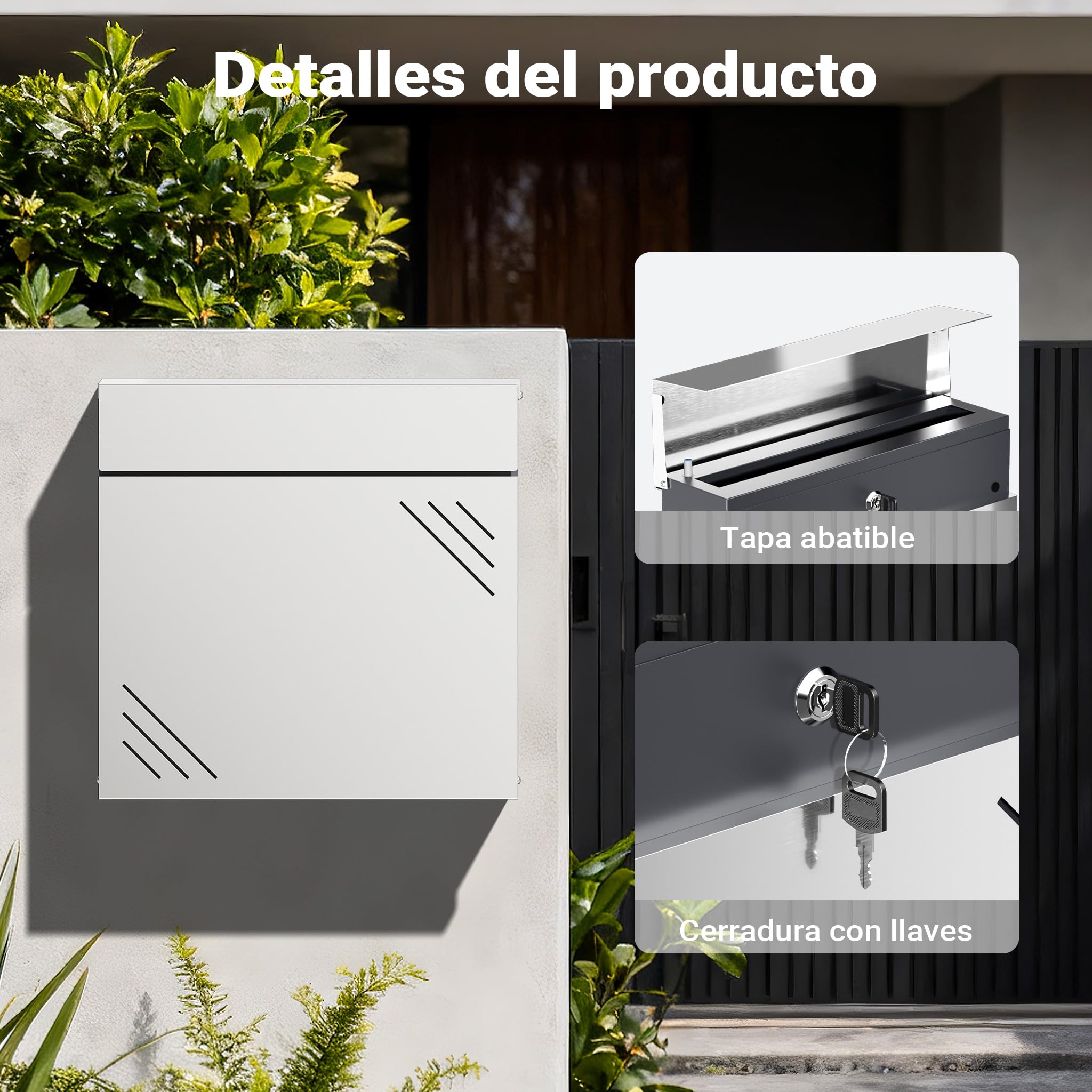 Wiltec Buzón de Pared V63 de Acero Inoxidable 37 x 11 x 37 cm, con Compartimento para periódicos y Llave