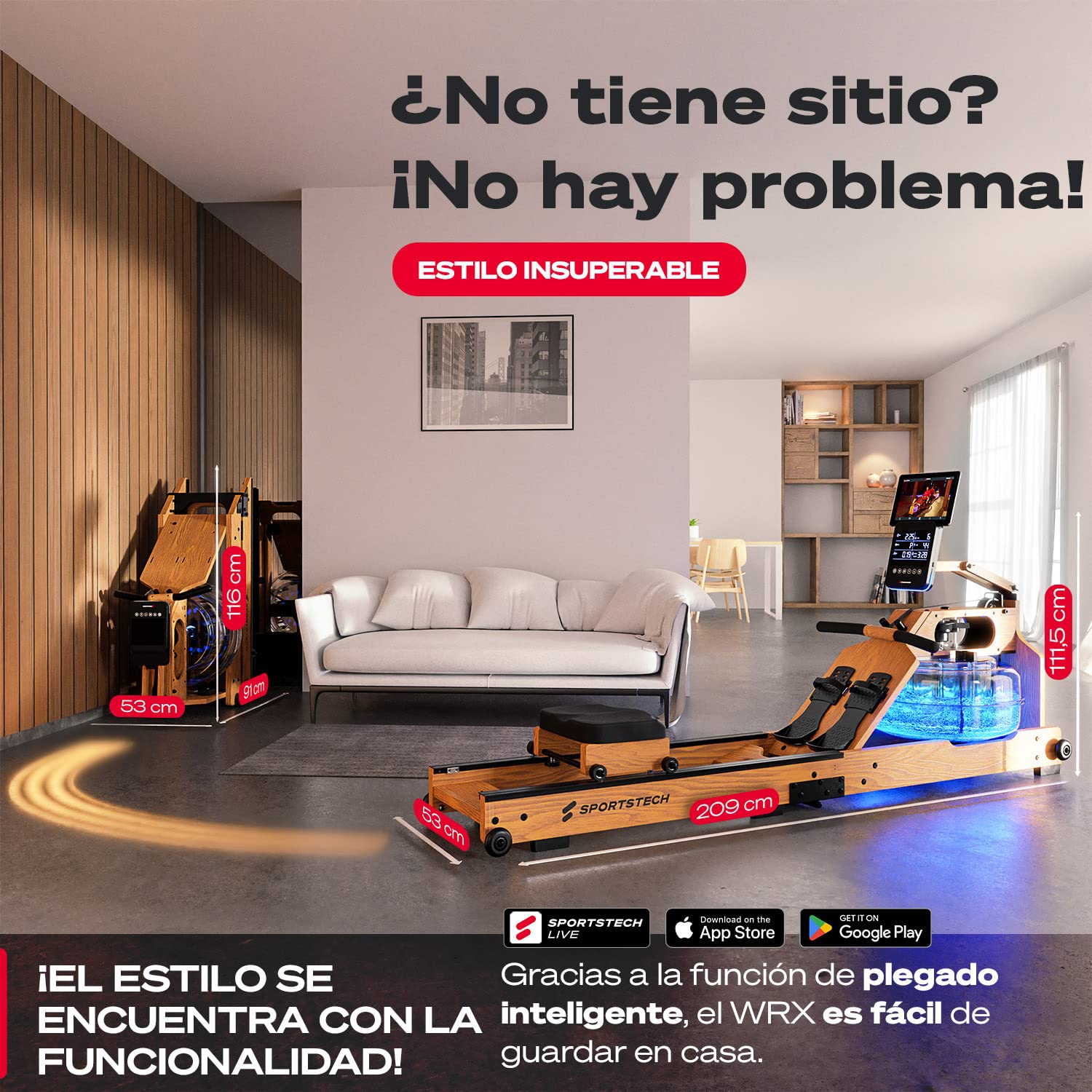 Sportstech - WRX1000 Agua Maquina de Remo, Premium Maquina de Remo para Casa, Plegable Maquina Remo con Tecnología Pulse Depósito de Agua LED de 7 Zonas y Pantalla LCD
