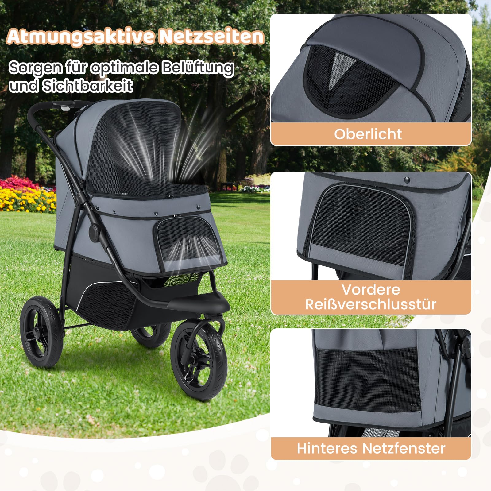 COSTWAY Hundewagen klappbar, Hundebuggy bis 25 kg, Katzenwagen 3 Rad, Haustierwagen mit verstellbarem Sonnendach, Netzfenster, Korb & Polster, Haustierbuggy für Katzen Hunde (Grau)