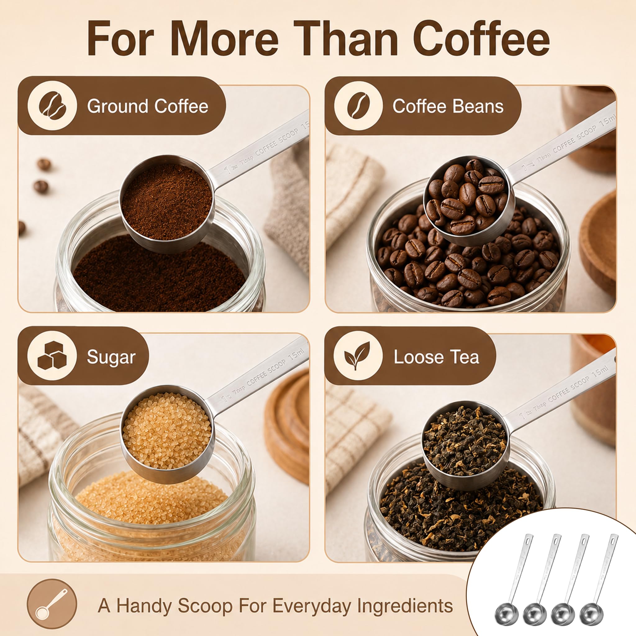4 Stück Kaffee Messlöffel 15 ml, Kaffee Schaufel 15ml Kaffeemaßlöffel mit langem Griff Kaffeedosierlöffel zum Präzisen Abmessen von Kaffeepulver Tee Gewürzen und Zutaten Messlöffel Set für Küche Büro
