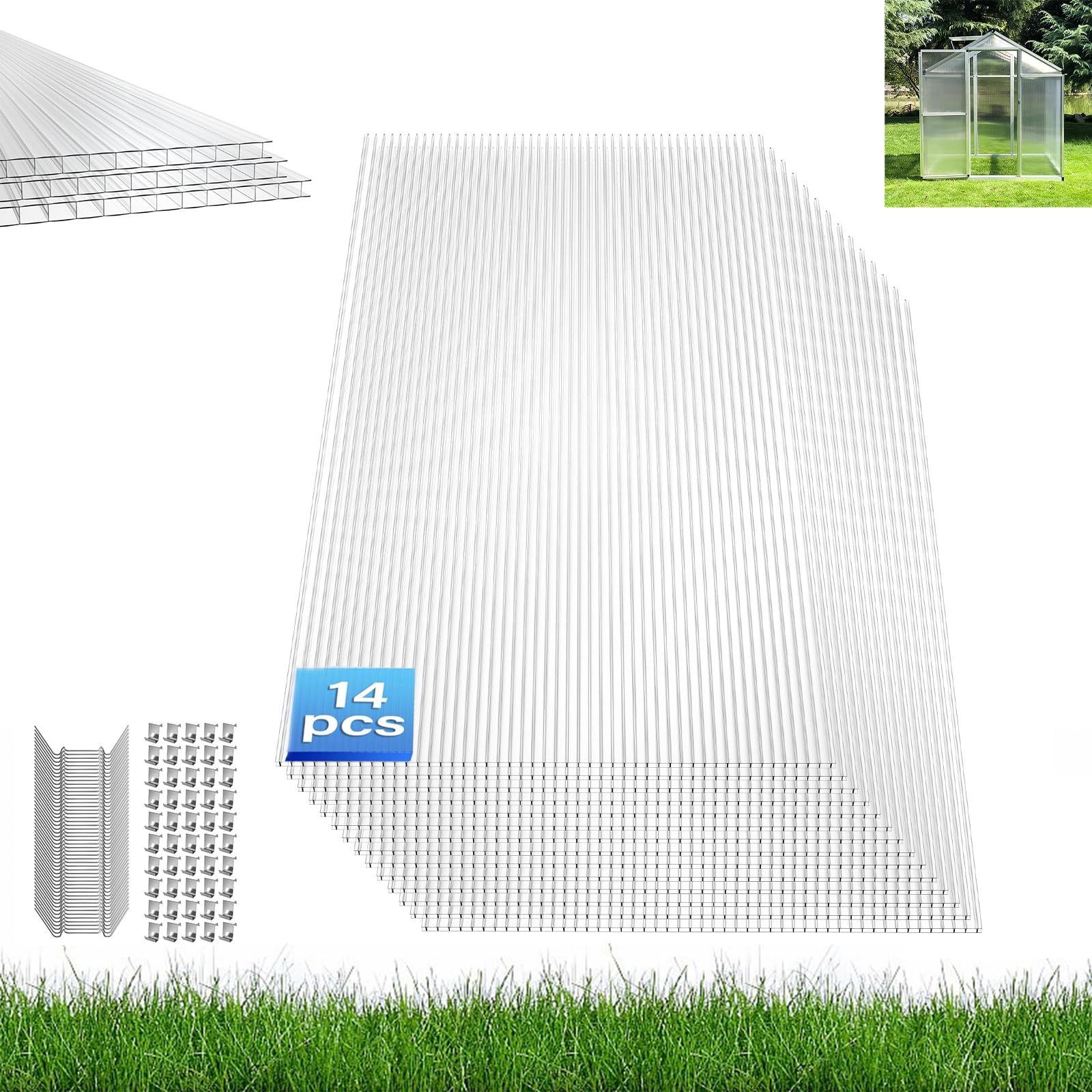 Aufun Placas transparentes de policarbonato para invernadero, paneles de pared hueca, placa de invernadero, con 14 unidades, 605 x 1210 x 4 mm, 10,25 m²