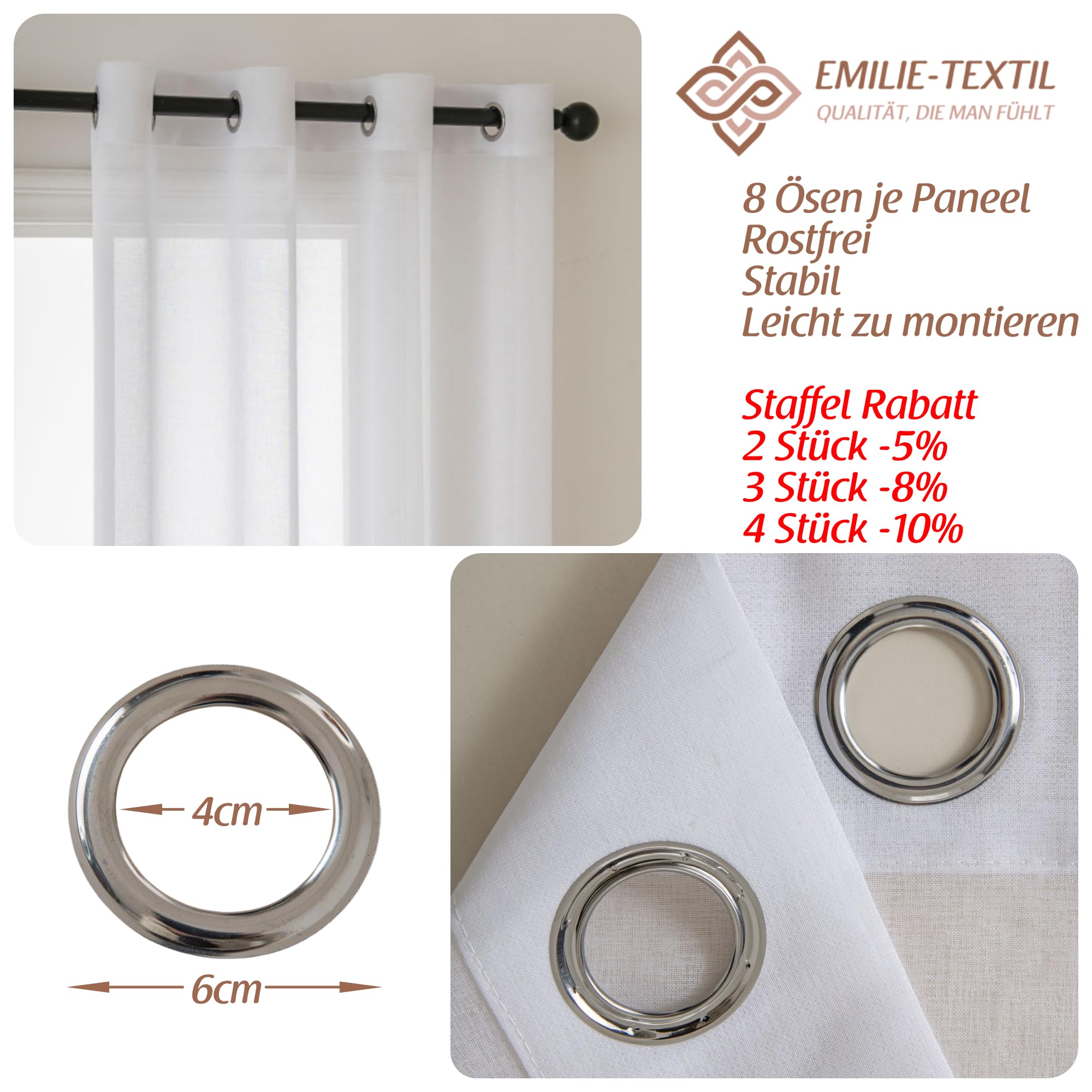 4er Set Vorhänge mit Ösen, Oeko-TEX Zertifiziert, Transparente Gardinen aus Voile Polyester Ösenschal Transparent Wohnzimmer Luftig Dekoschal in leinen Optik Top Weiß