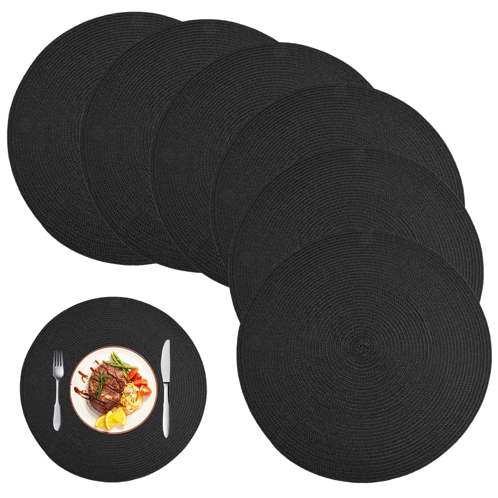 Cozlly Juego de 6 Manteles Individuales Redondos 38 cm, Lavables Mantel Individual, Manteles Individuales Antimanchas, Manteles Individuales de Mesa Grande para el Hogar, Hotel, Restaurant (Negro)