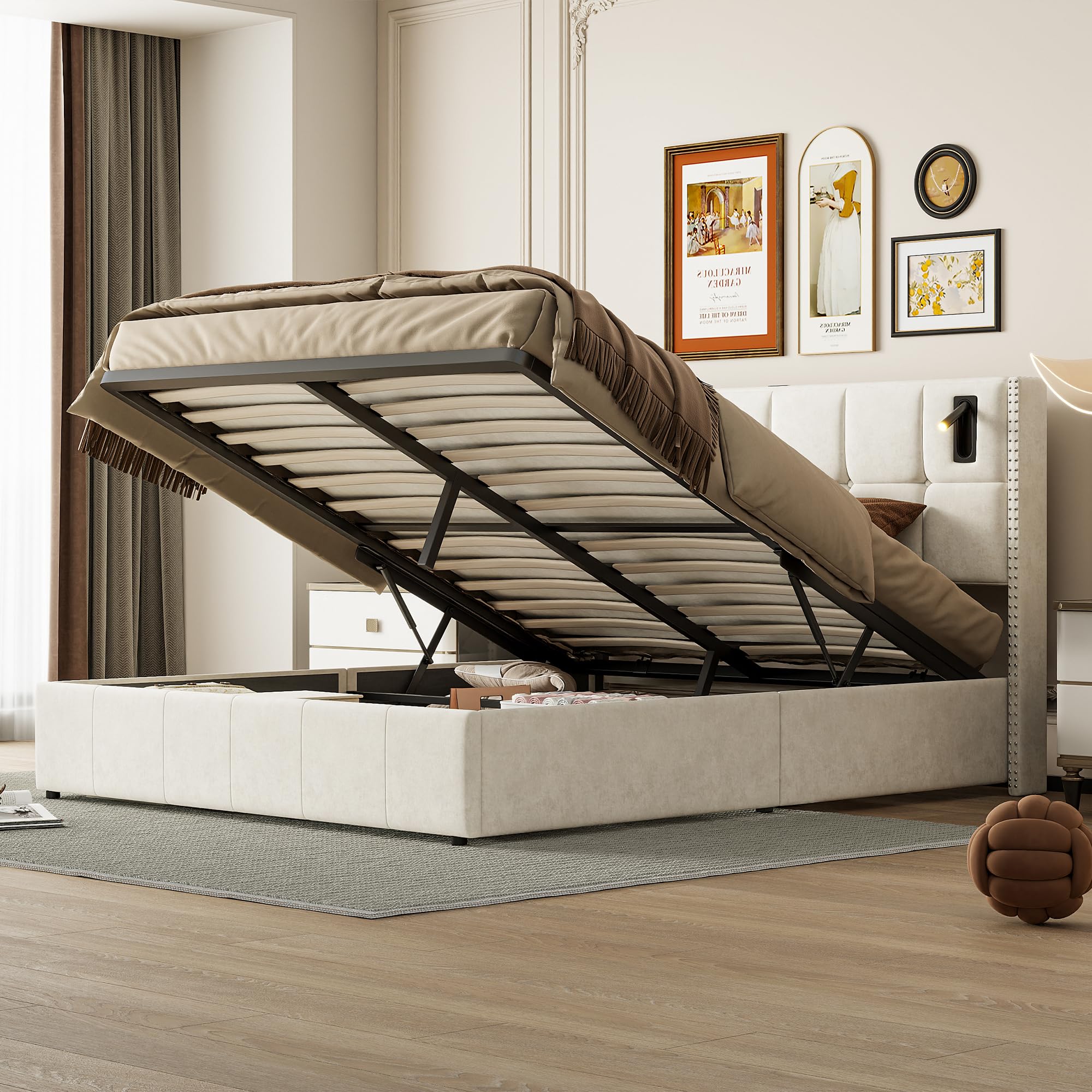 PerGar Cama Tapizada 160x200 con Almacenaje, Camas Matrimoniales con Espacio de Almacenaje Hidráulica y lámpara de Lectura, Canape 160x200 Camas Adultos con Somier, Franela, Beige, sin colchón