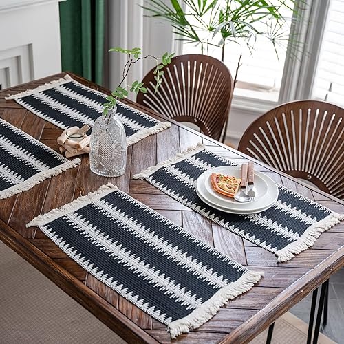 Miniatura 5 de LOHDALOLF Juego de 4 manteles individuales bohemios de macramé tejidos de lino y algodón, decoración de cocina para mesa de comedor, 12 x 20 pulgadas