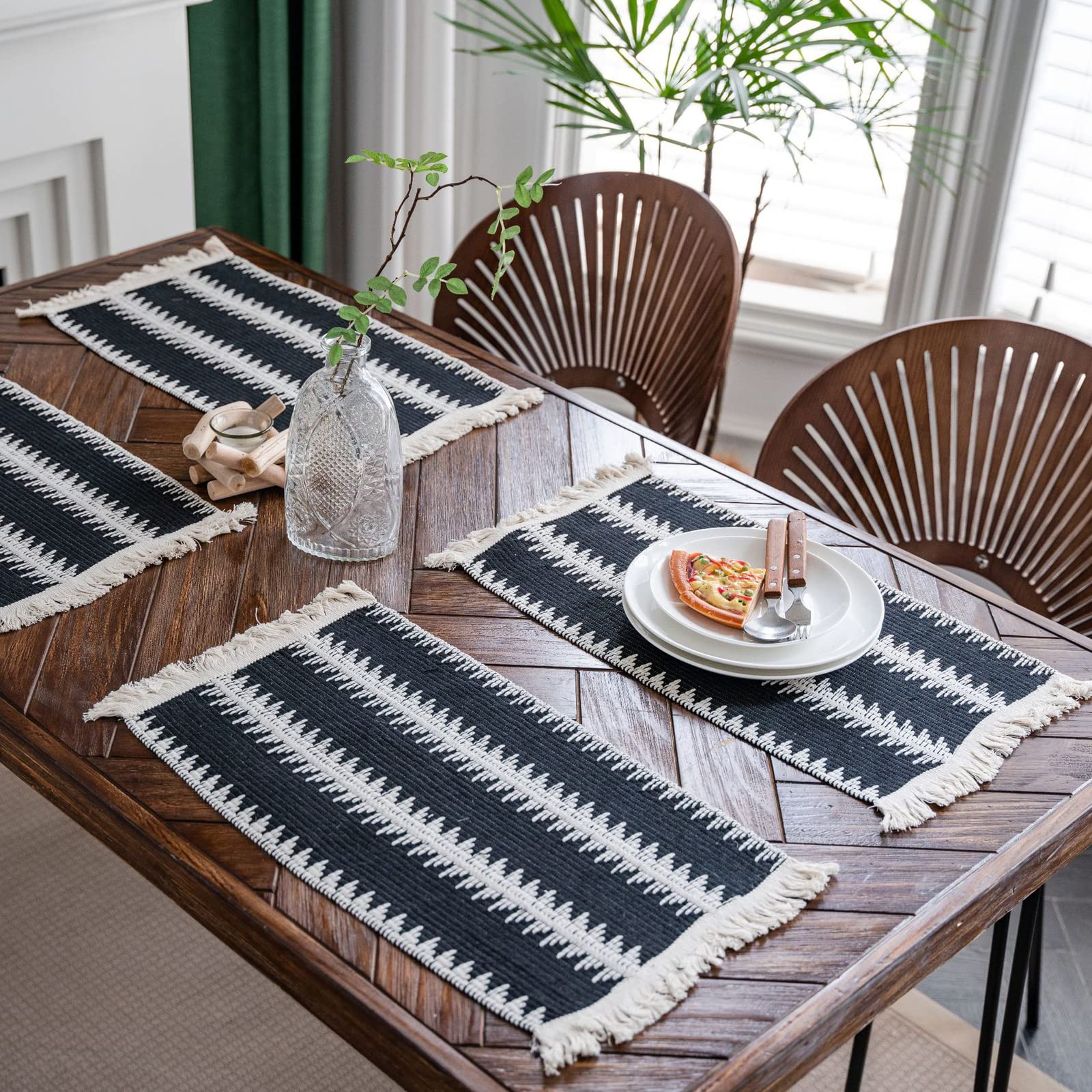 Lohdalolf Boho 9 Boho Placemats Set Of 4 Black Beige Rustic Woven Table Mats Cotton Linen Decorations With Tassels For Dining Table 30X50 Cm