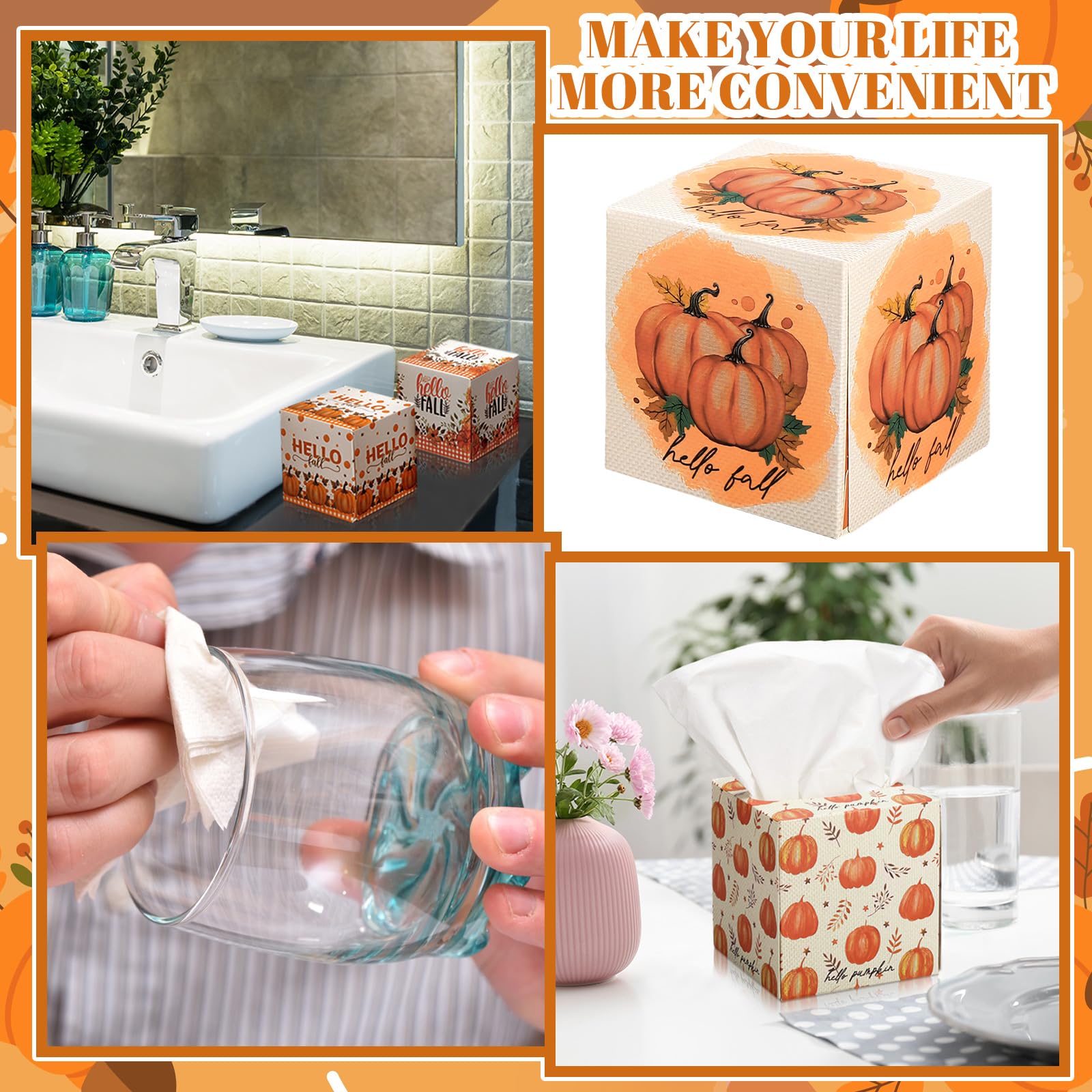 Bencailor Confezione da 12 scatole di fazzoletti per il viso autunnali a forma di zucca, 600 fogli a 3 strati, copertura quadrata in tessuto per accessori di casa e auto (arancione, Hello Pumpkin)