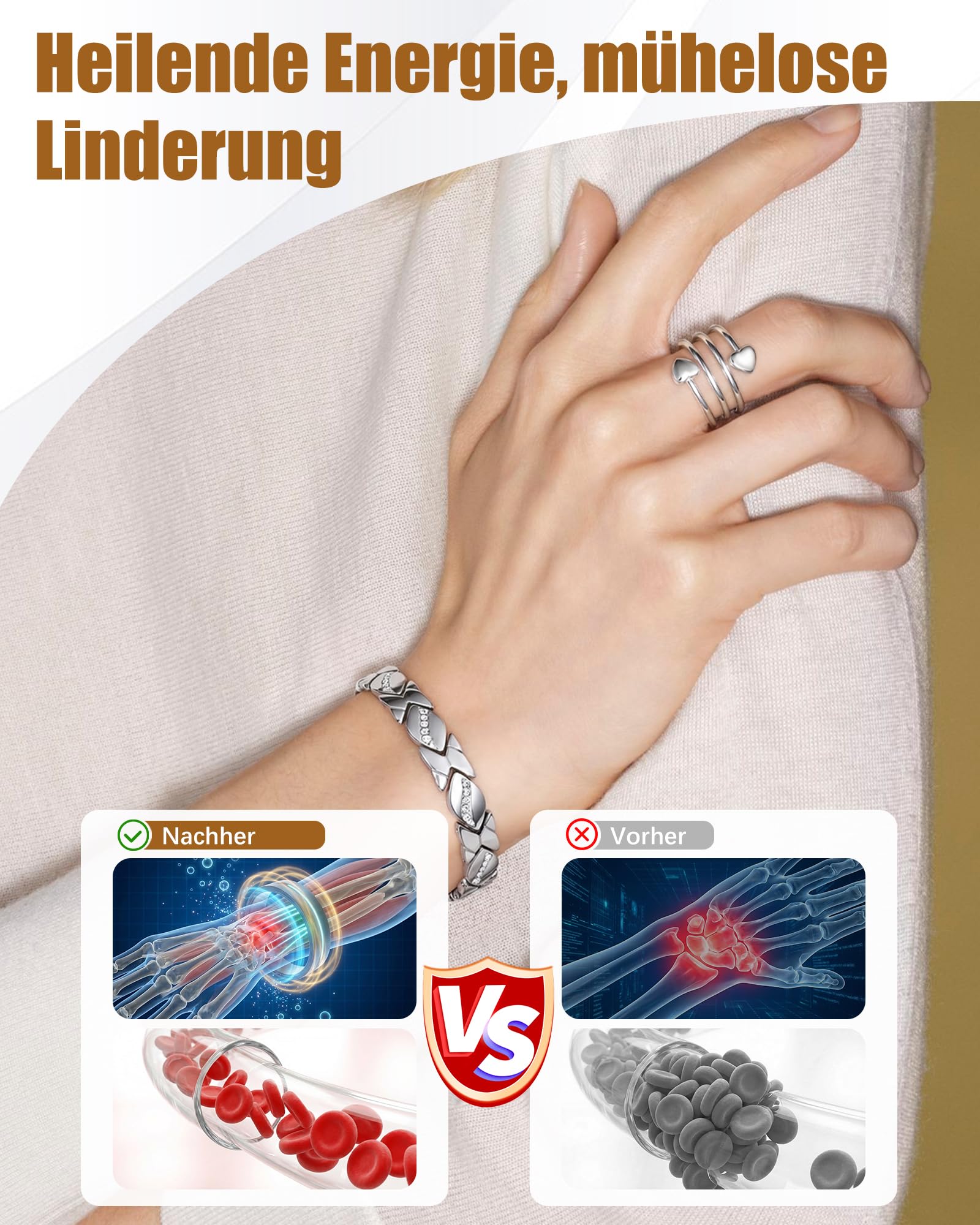 Jeracol Magnetarmband Damen und Magnetringe, Reduziert Schmerzen und Arthritis Edelstahl Therapeutisches Magnet Armband einstellbare Größe & Schmuck Geschenkbox Energetix