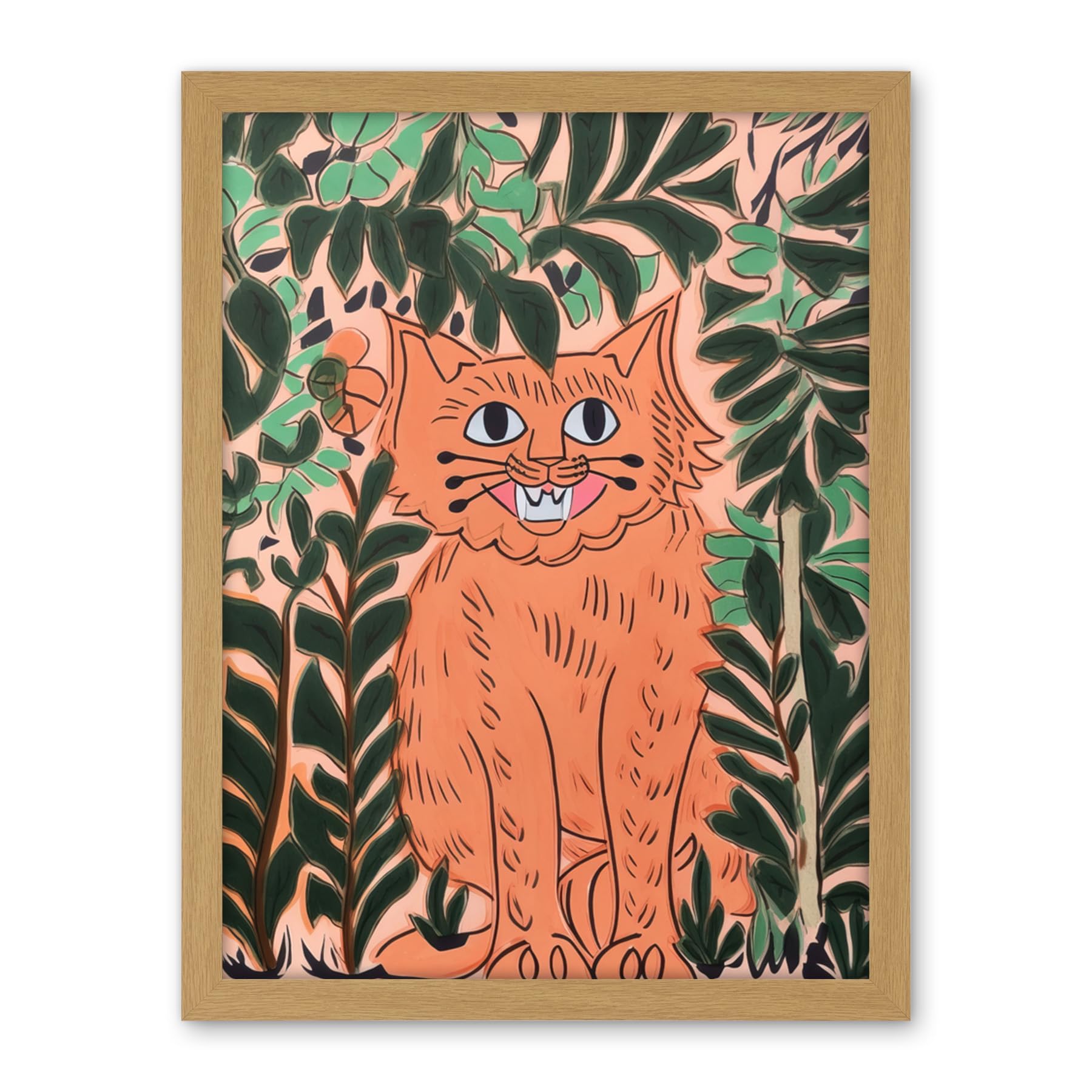 Artery8 Ginger Orange Tabby Cat in Plants Modern Folk Art Artwork Framed Wall Art Print 18X24 Inch