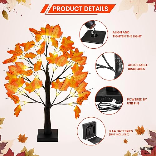 Miniatura 3 de KatchOn, Árboles de arce artificiales con luces, 24 pulgadas, paquete de 2, árboles de arce iluminados de otoño, 48 LED, árboles iluminados de