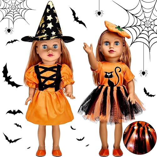 2 conjuntos de ropa de muñeca de Halloween de 18.0in para niña de muñecas de Halloween, vestidos de Halloween, conjuntos de zapatos con gato y bruja