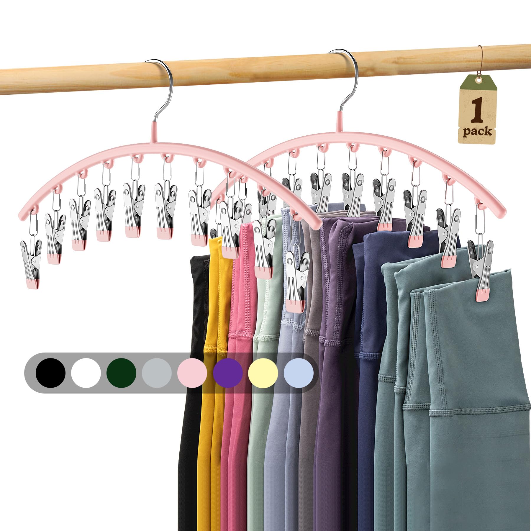 Metal Yoga Pants Hangers 1 Pack w/10 Clips Holds 10 Leggings, Space Saving Hanging Closet Organizer w/Rubber Coated Closet Organizers and Storage, Pink