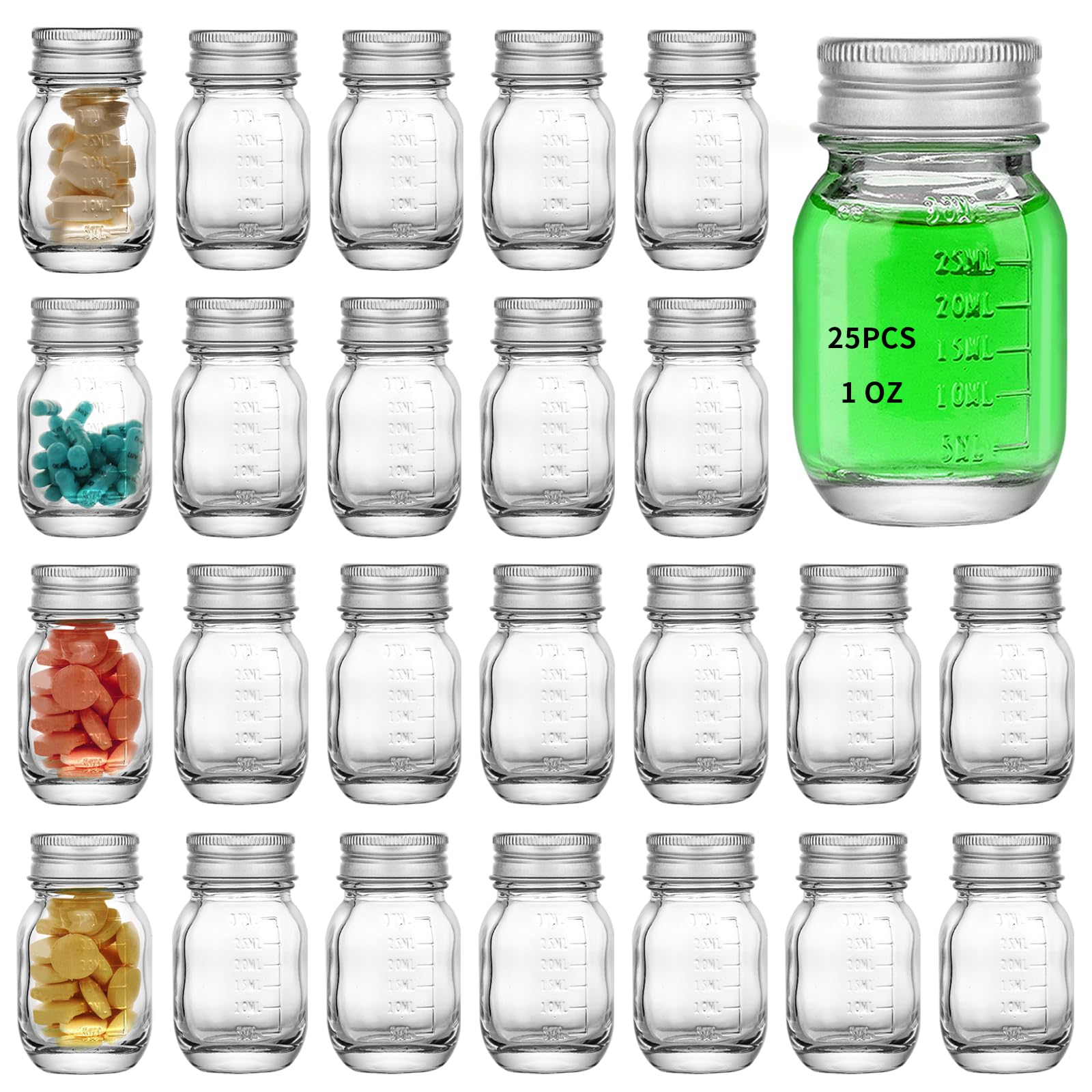 Bottiglie di vetro per medicinali da 30 ml, bottiglie di vetro trasparente per reagenti, bocca larga, tappo a vite con scala per la casa, coperchio color argento (25)