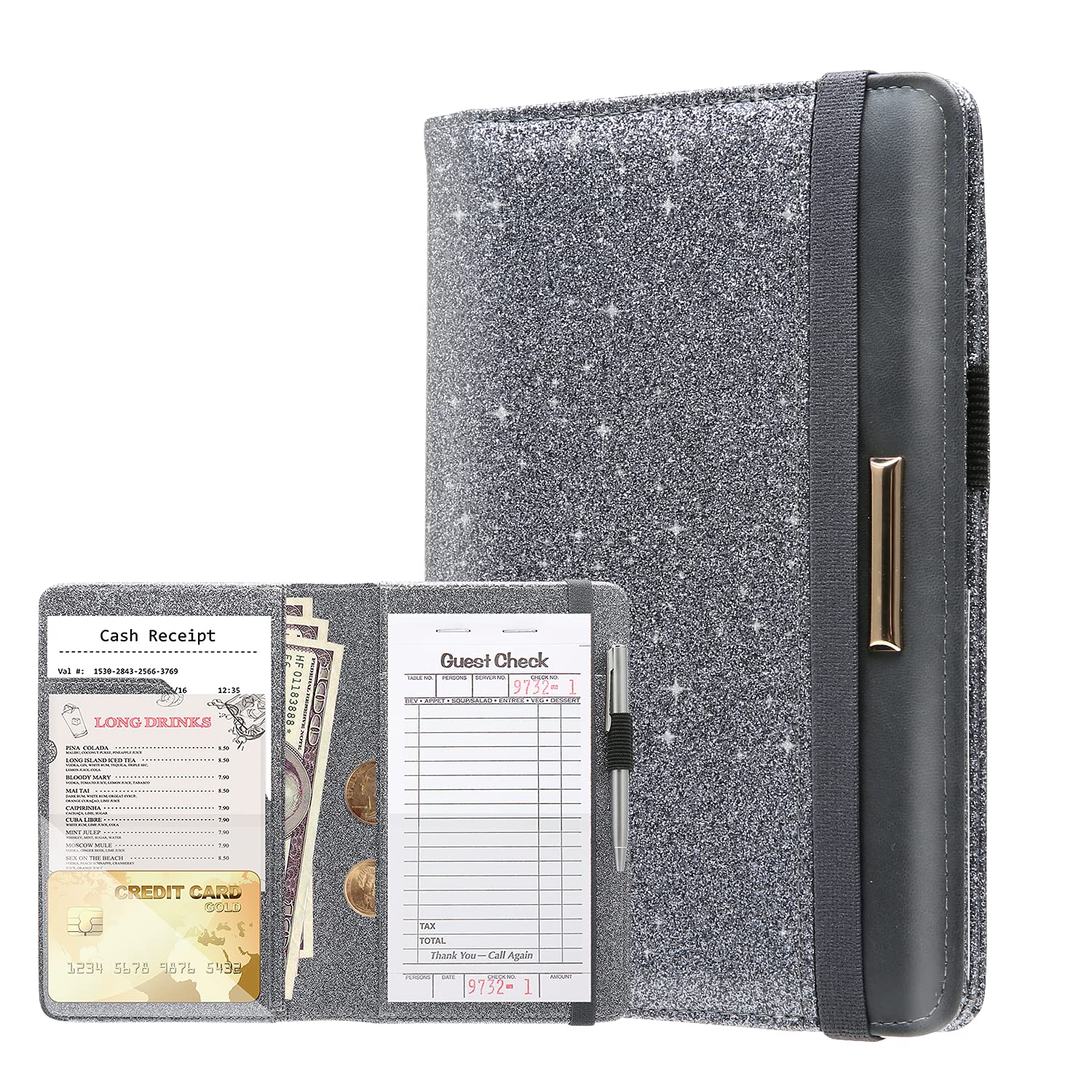 MCmolis Server Books for Waitress - Leather Waitress Book Server Wallet with Elastic Bandage Closure - Organizer with Money Pocket Fit Server Apron - Sparkly Serving Accessory-Glitter Grey