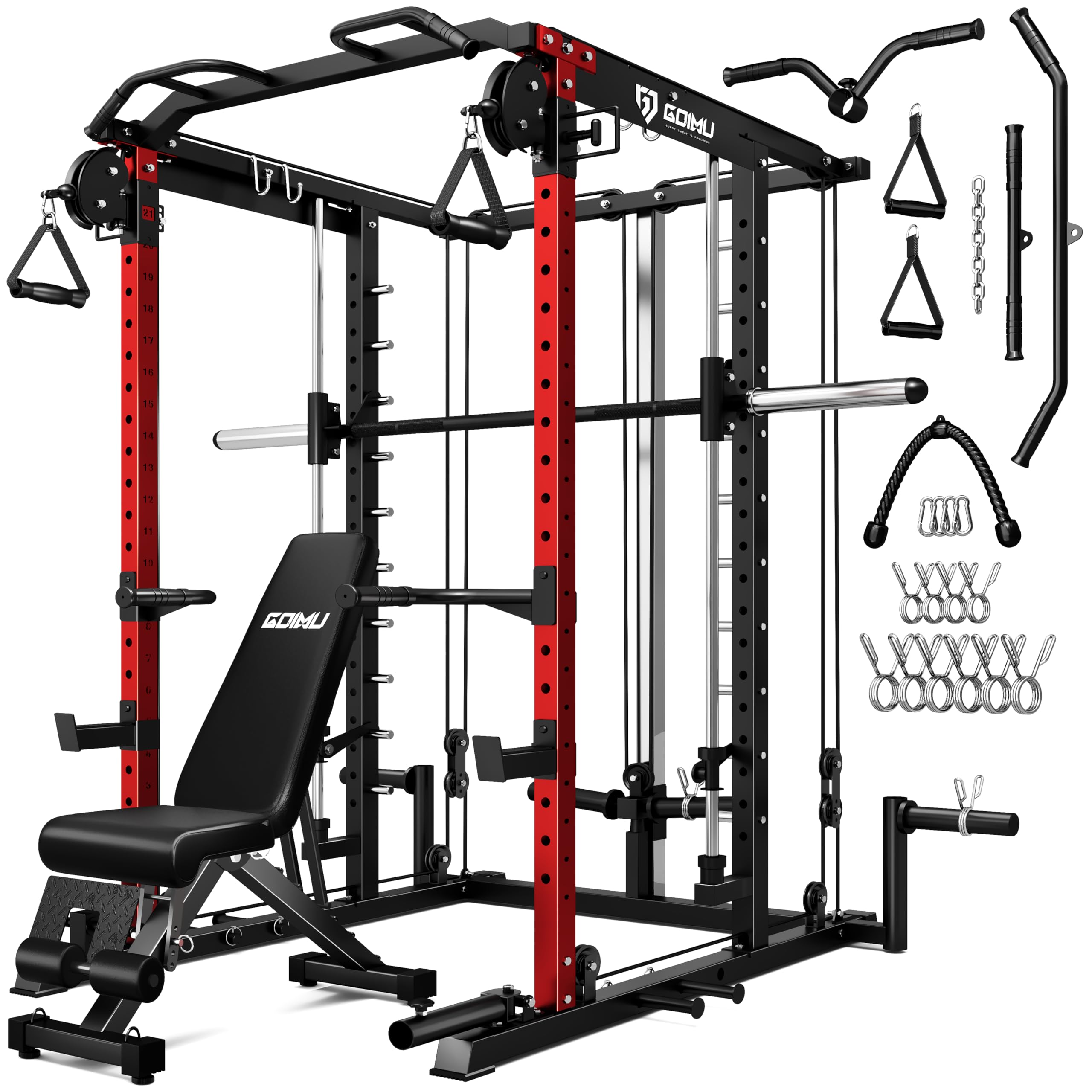 S1-V4 Smith Machine, 2000LBS Power Cage with Cable Crossover System, All-in-One Squat Rack with Smith Bar, Strength Training Equipment for Home Gym