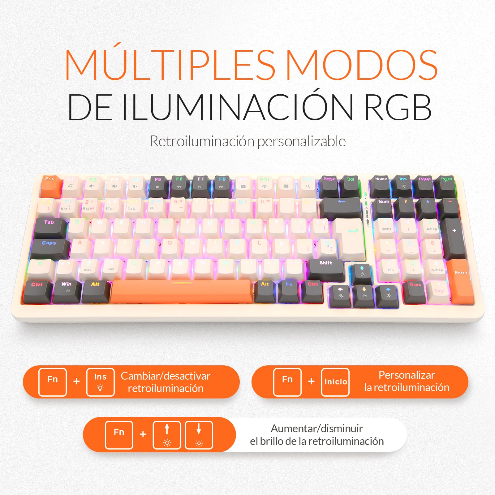 Rii RK909 Teclado 96% Gaming Mecánico, 3 Modos de Conectividad, Retroiluminación LED, Layout Español (Interruptores Rojos)