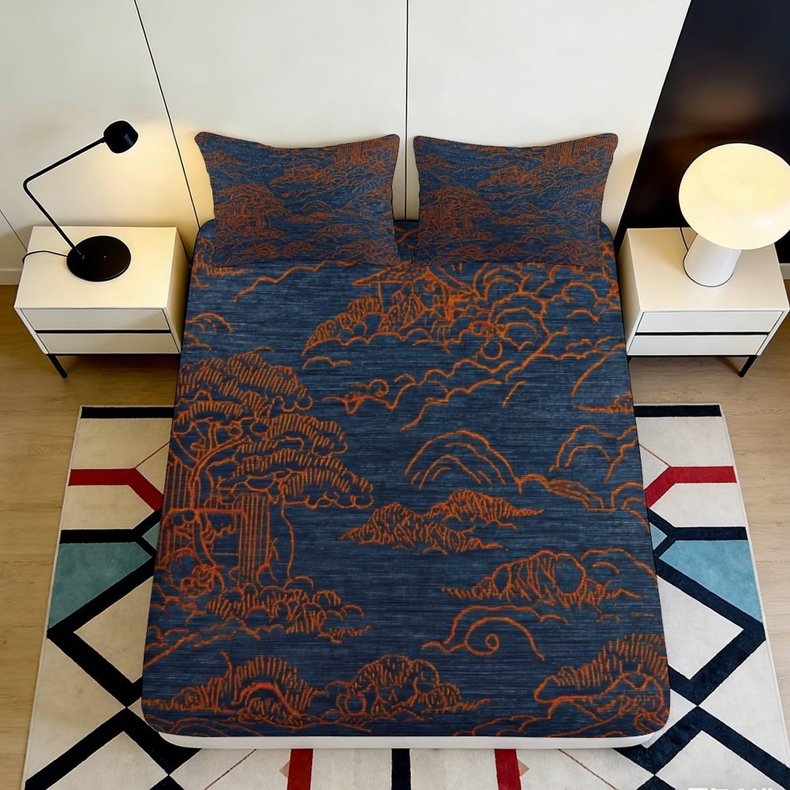 3D Printed Oriental Wave Fitted Sheet Microfiber Soft Anti-Slip Mountain Landscape Mattress Cover for Bedroom Decor 90x200x25cm