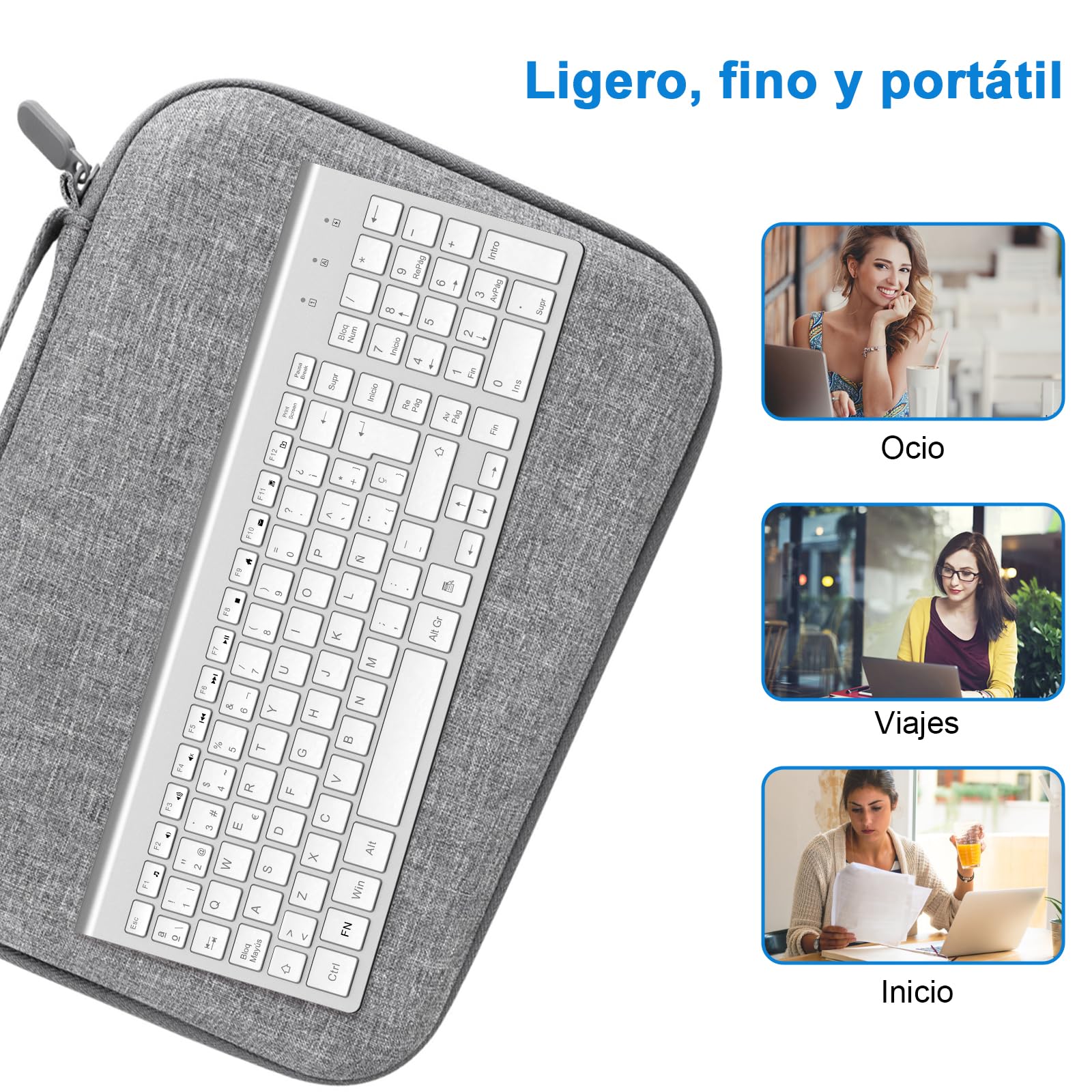 cimetech Teclado inalámbrico, 2.4G QWERTY español Layout, USB Teclado de Ordenador con Teclado numérico y Teclas ergonómicas para Desktop/PC/Laptop/Surface/Smart TV/Notebook y Windows - Plata