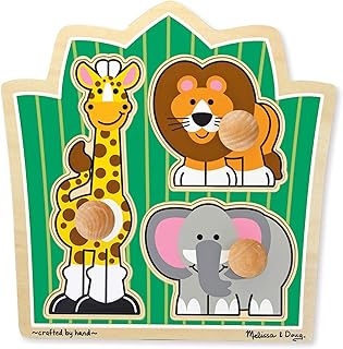 Melissa & Doug Jungle Friends Safari Animals Jumbo Knob Wooden Puzzle - Wooden Peg Chunky Baby Puzzle, Preschool Learning Puzzle, Wooden Puzzle Board For Toddlers Ages 1+