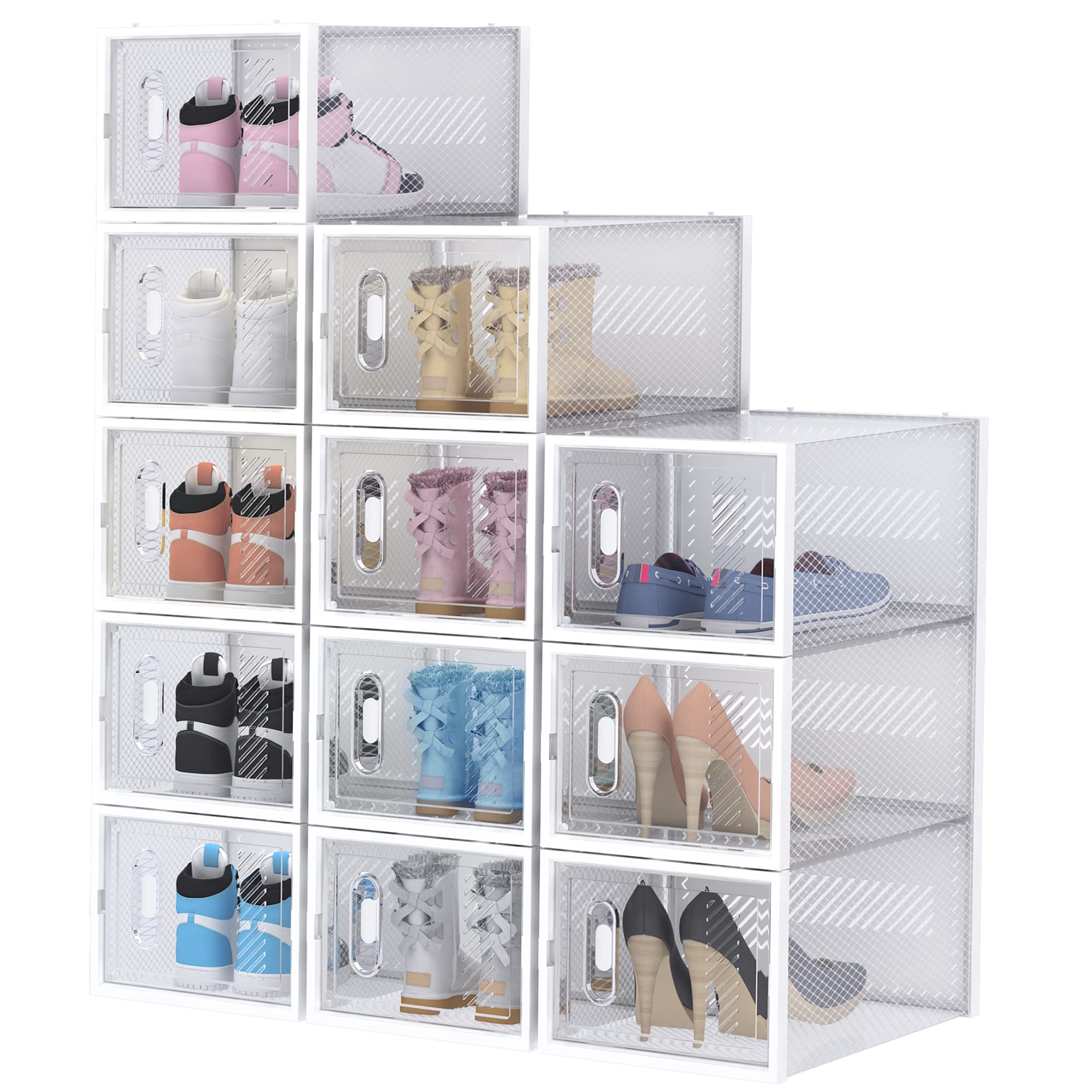 Shoe Box, 12 Pack Large Shoe Storage Boxes Clear Plastic Stackable
